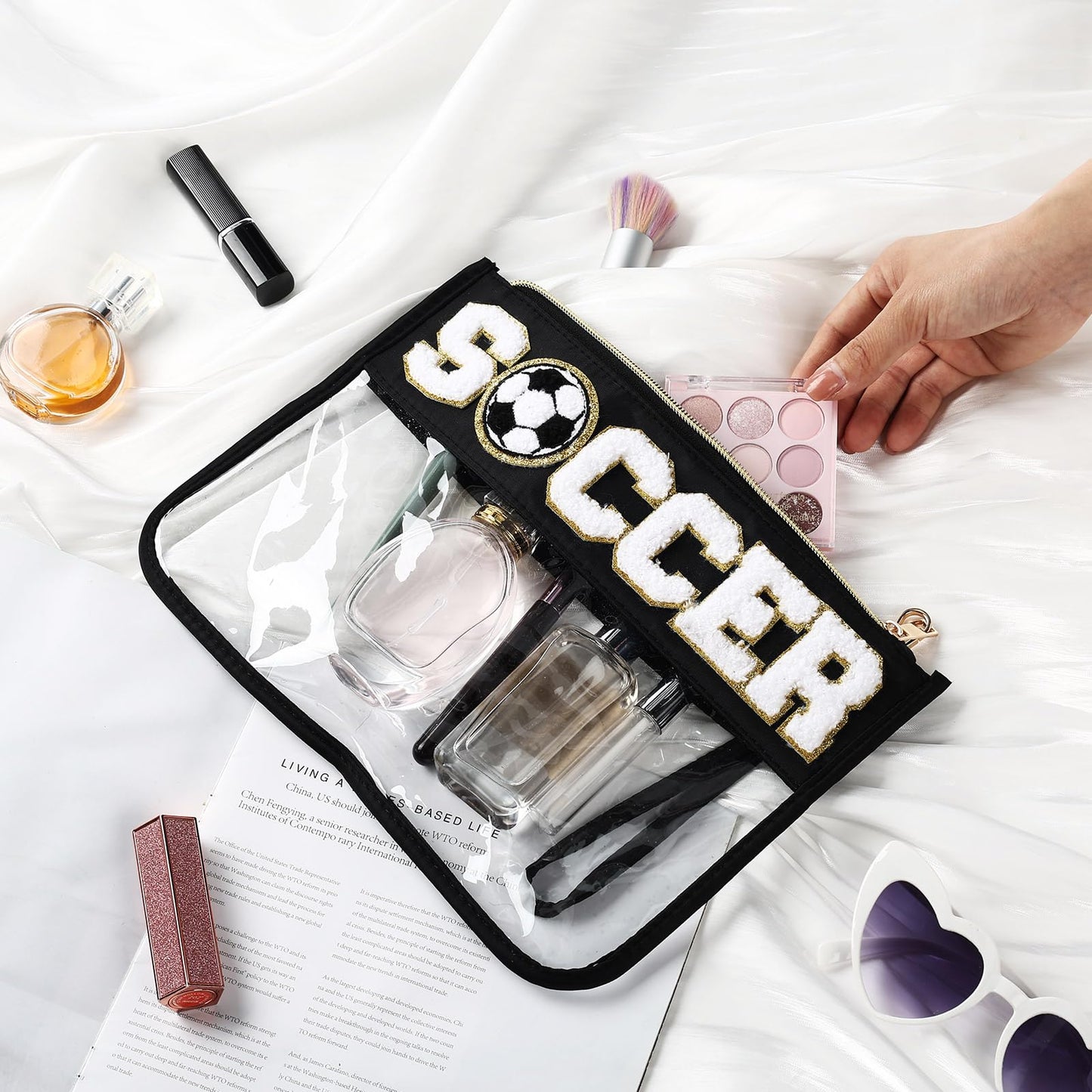 Kacctyen 6 Pcs Makeup Bag Chenille Letter Softball Bags with Zipper, Clear Waterproof Cosmetic Toiletry Pouch with Handle Gym Travel Summer Gifts for Women Girls (Golden Yellow, SOFTBALL)