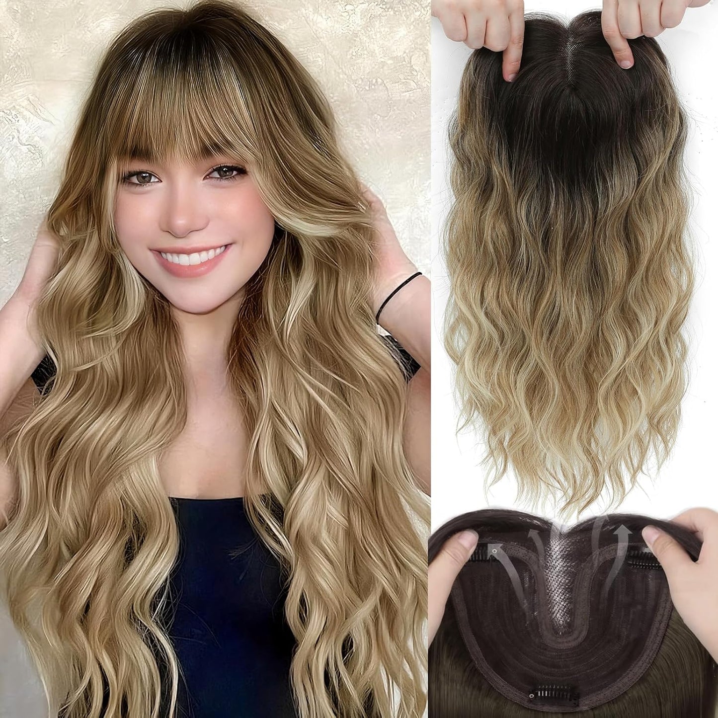 16 Inch Hair Topper for Women - Synthetic Curly Wavy Clip-In with Wispy Bangs | Auburn Brown Natural Volume