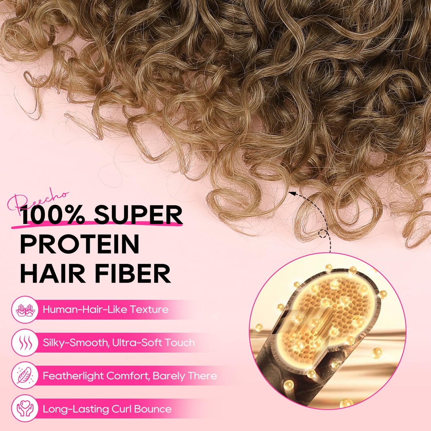 REECHO Curly Hair Extensions - 4PCS 18" GoGo Clip in Hair Extensions 100% Super Protein Hairpieces with Invisible Lace Weft Silky Soft Natural Look for Women - Golden Walnut