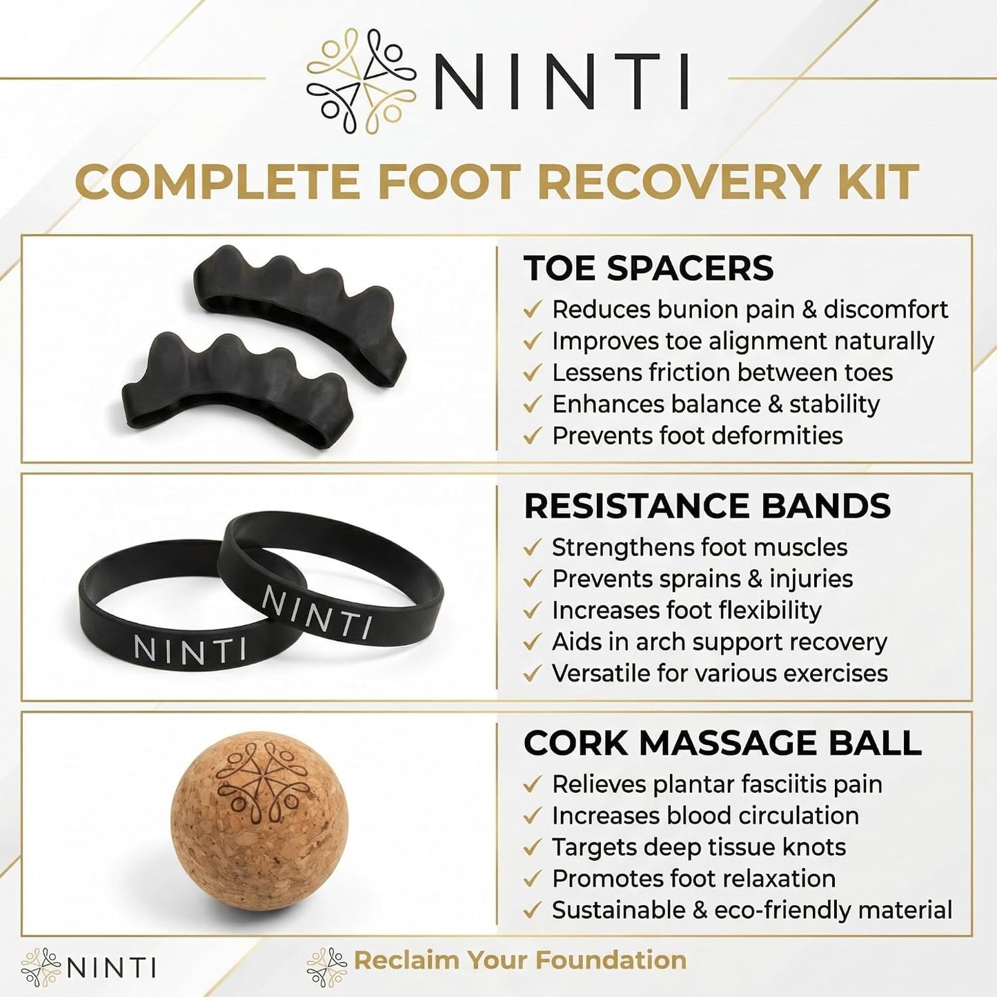 Toe Spacer Kit with Resistance Band & Massage Ball - Silicone Separators, Cork Ball, Cotton Bag | Bunion Corrector & Toe Splay Improver