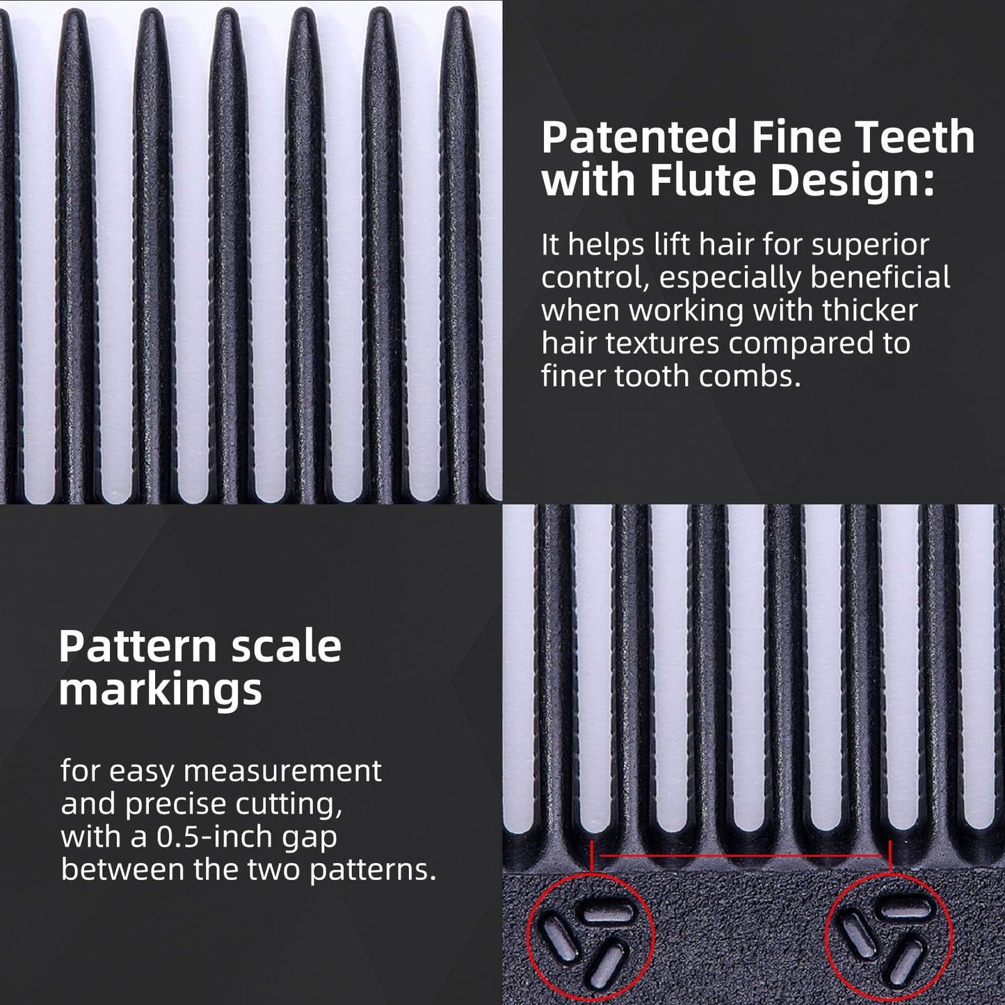 PERFEHAIR 2-Pack Professional Round Tooth Hair Cutting Comb, Black Carbon Fiber Anti-Static & Heat Resistant, Durable Barber Combs with Fine & Wide Tooth for Precise Haircut for Men & Women