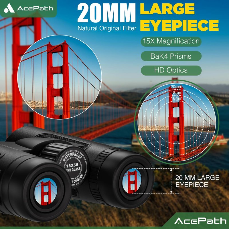 AcePath 15x56 Binoculars for Adults High Powered - Large View Binoculars with Clear Low Light Vision - Waterproof Compact Binocular for Hunting Camping Cruise Travel Bird Watching