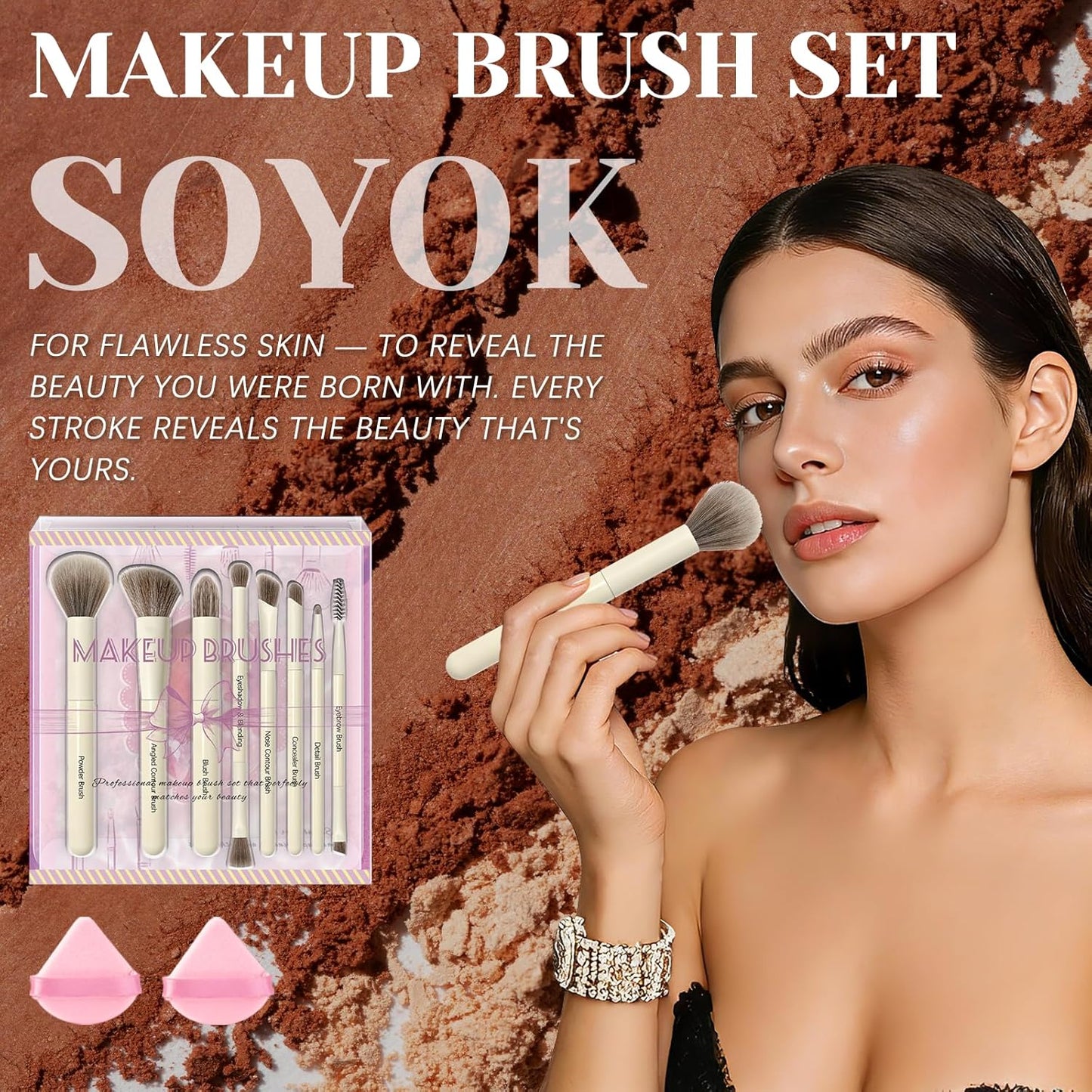 Makeup Brush Set - Premium Synthetic Brushes with 2 Puffs | 8-Piece Kit for Powder, Concealers & Eye Shadows (White)