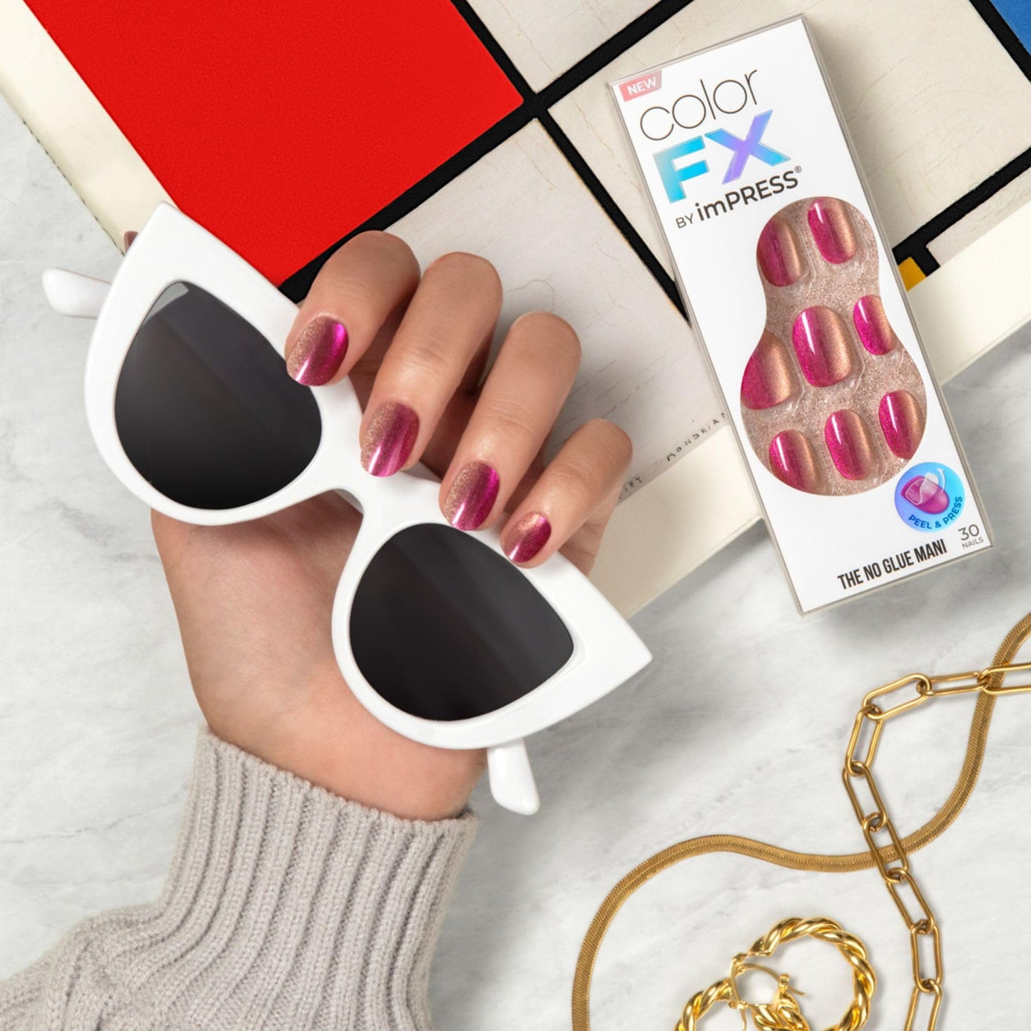 Kiss colorFX by Impress Press On Nails, Walk Out, 30 No Glue Peel and Stick Nails Kit with IMPROVED Adhesive, Pink Short Oval Pearlescent Effect, Includes Prep Pad, Manicure Stick & Mini File