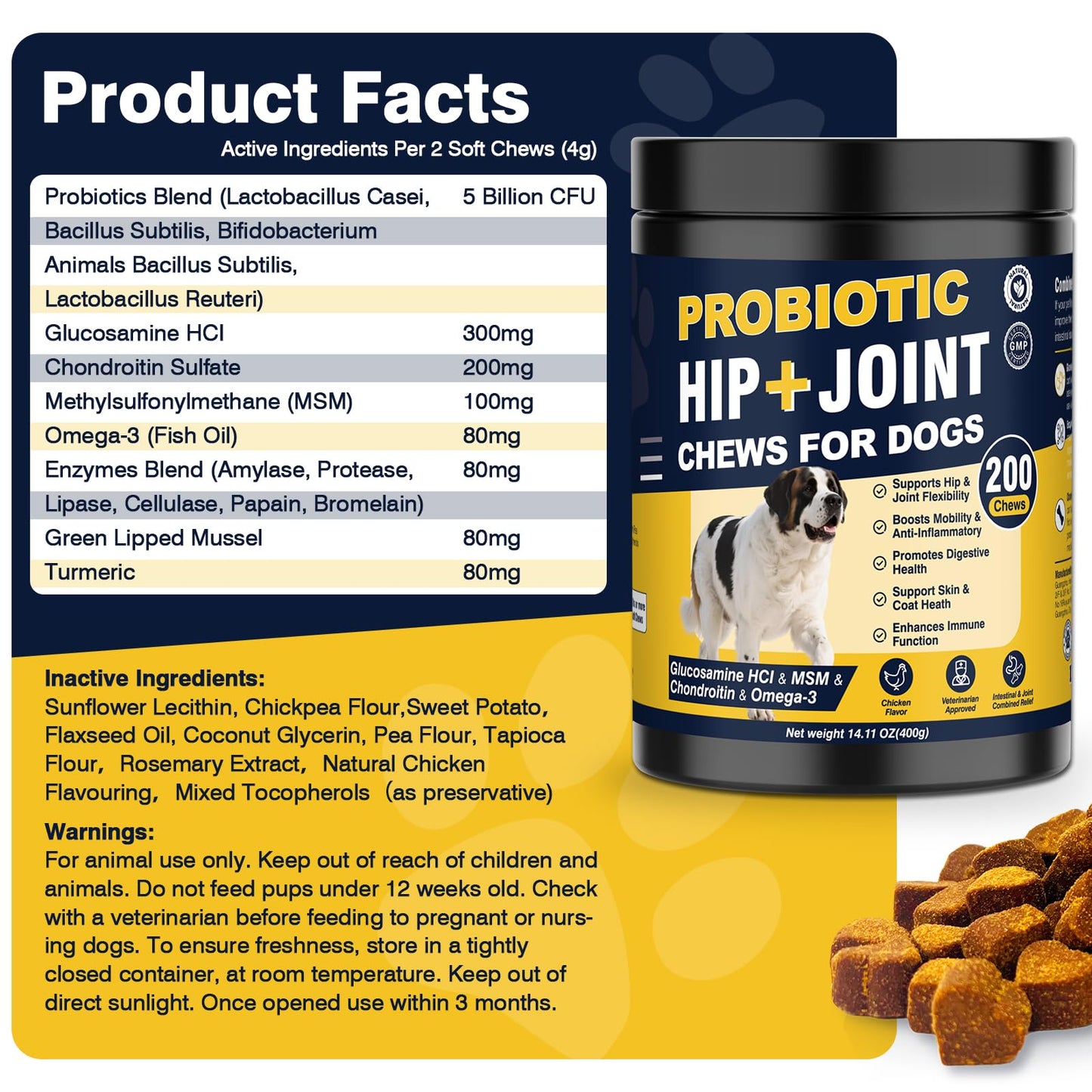 Hip and Joint Supplement for Dogs Dog Probiotics Glucosamine Chondroitin MSM Chew for Dog Arthritis Pain Relief Extend Joint Care, Probiotic for Digestive/Gut Health for Large/Small/Senior Breed Dogs