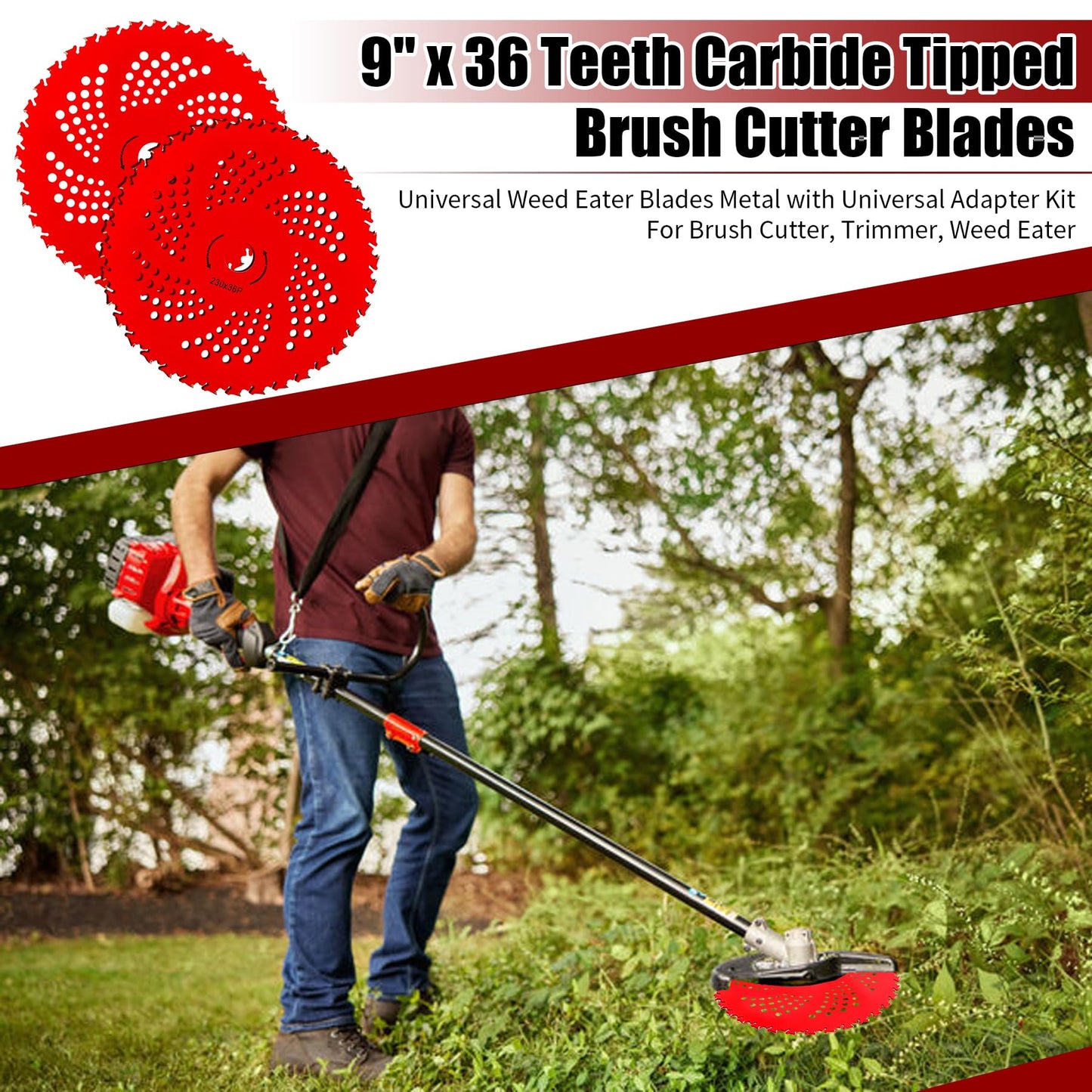 PLAXNS 2pack 9" x 36 Teeth Carbide Tipped Brush Cutter Blades,Universal Weed Eater Blades Metal with Universal Adapter Kit, for Brush Cutter, Trimmer, Weed Eater