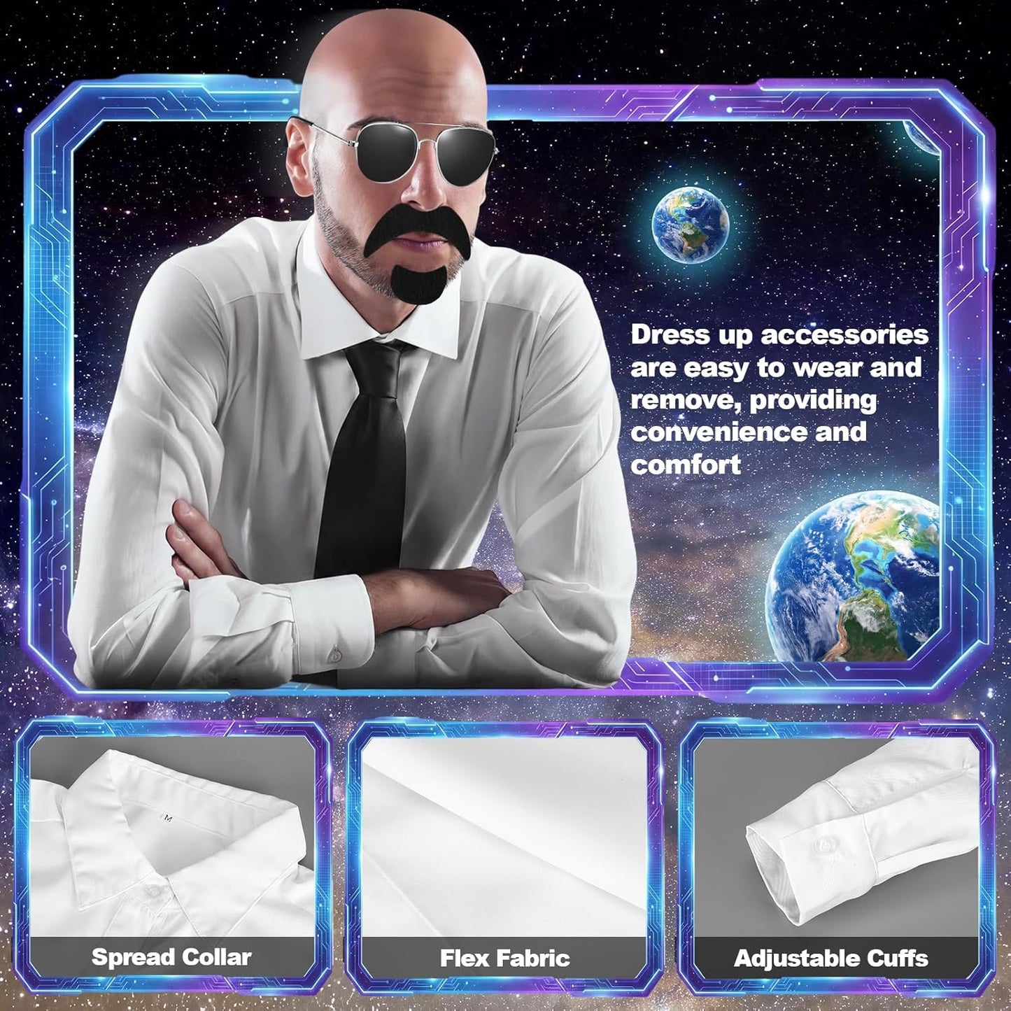 Bald Caps Set - 9 Pcs Costume Accessories for Men & Women | Includes White T-Shirt, Sunglasses, Tie & Mustache