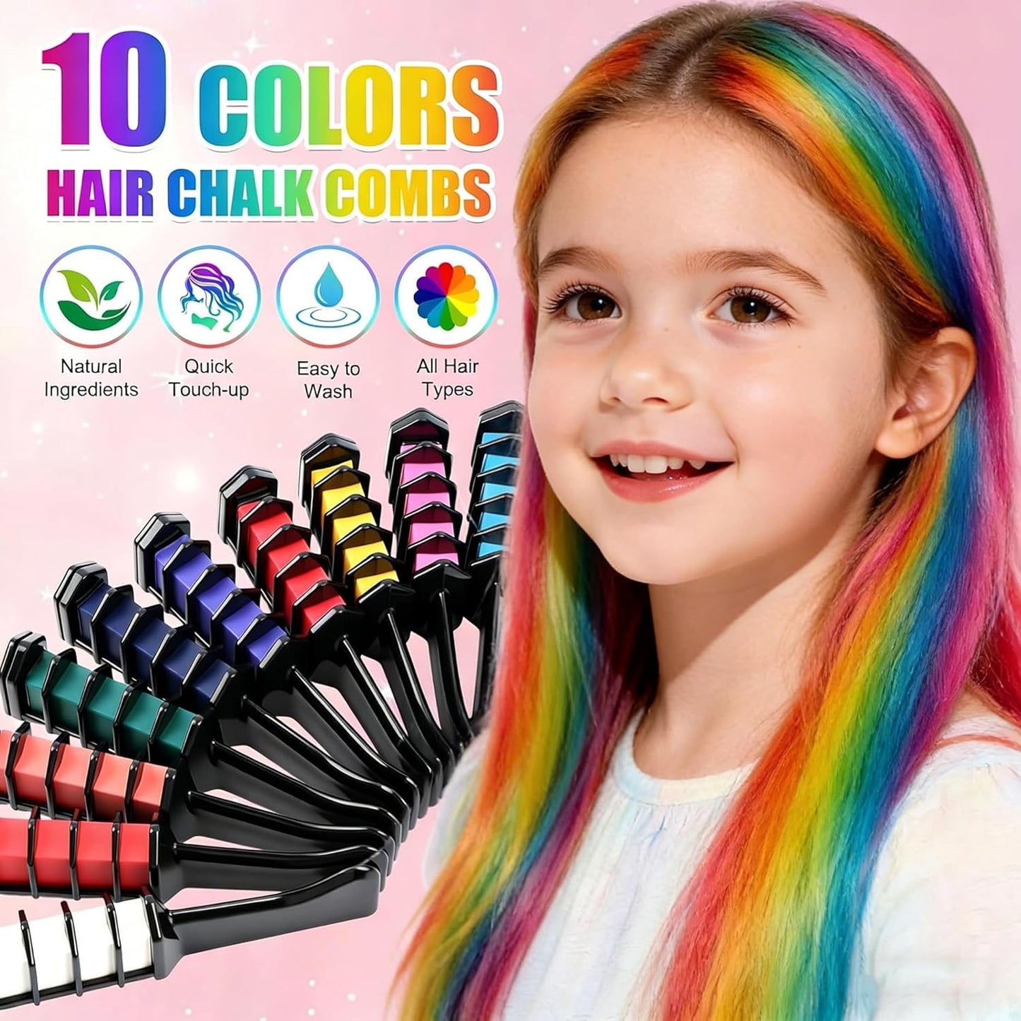 Vibrant Temporary Hair Chalk Combs - 10 Festive Colors | Washable & Quick Dry for Parties