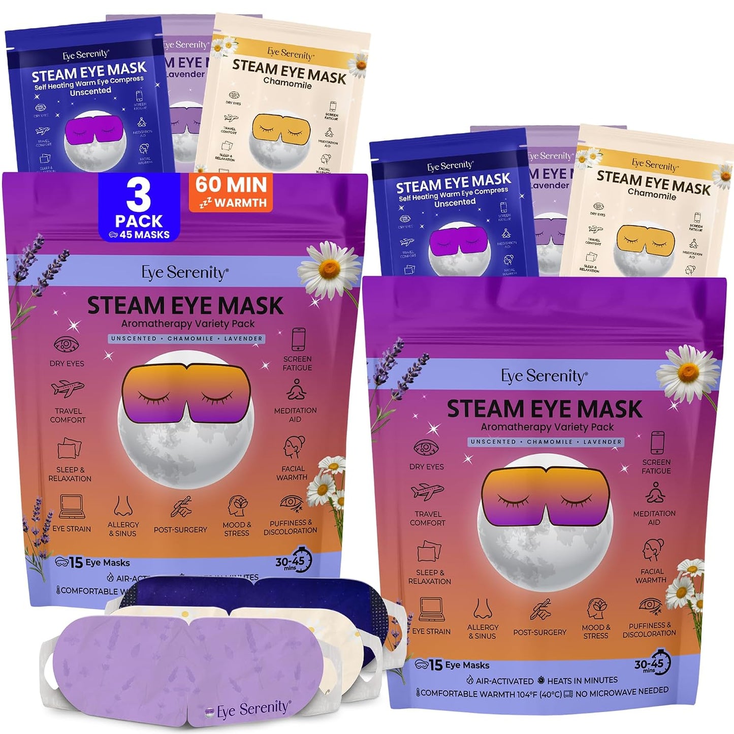 Heated Eye Mask - Eye Serenity Steam Mask for Dry Eyes | Moist Heat Relief for Styes & Puffiness - Lavender