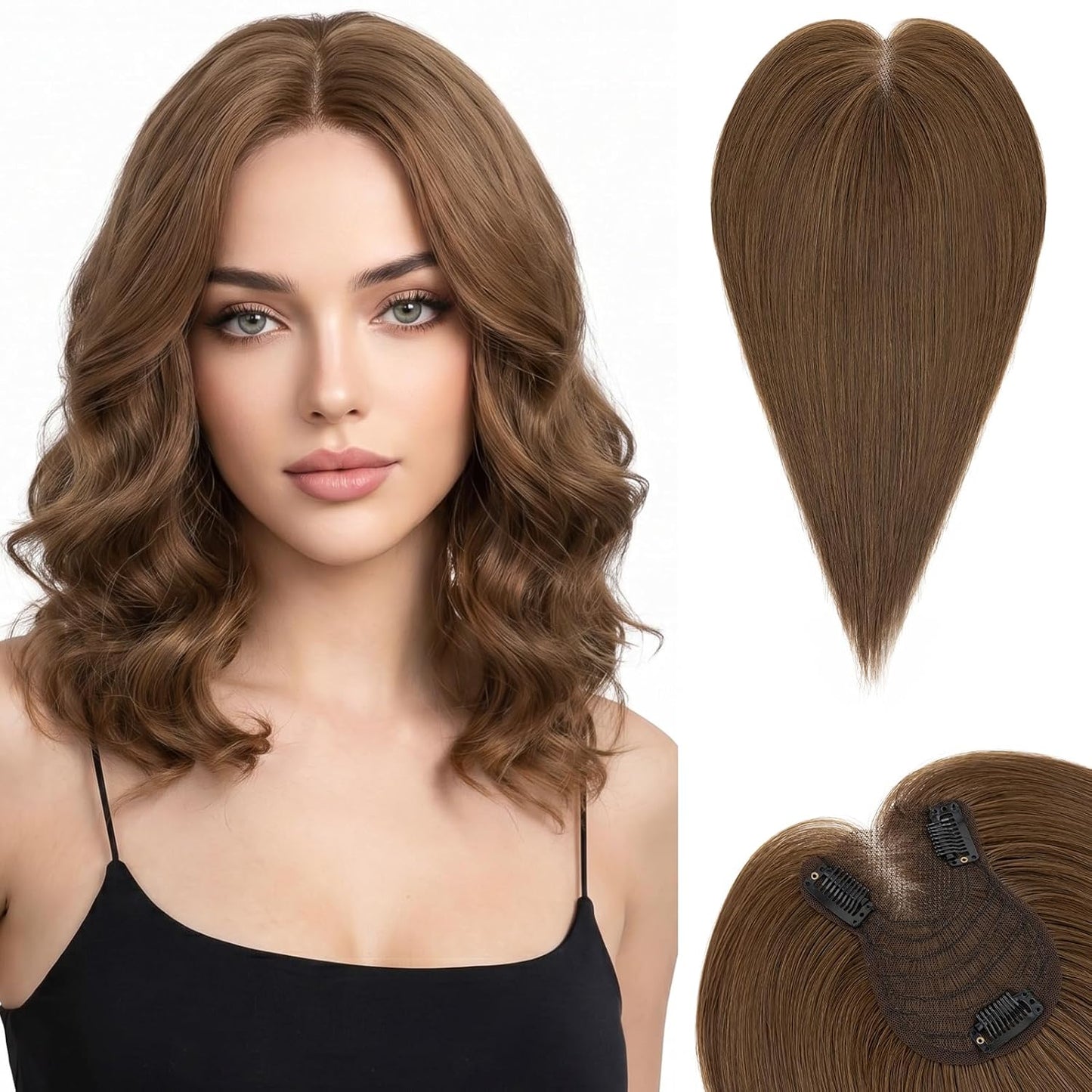 **Hair Toppers for Women - Real Human Hair with Curtain Bangs | 10-Inch Lace Base Clip-In Piece - #02 Dark Brown**