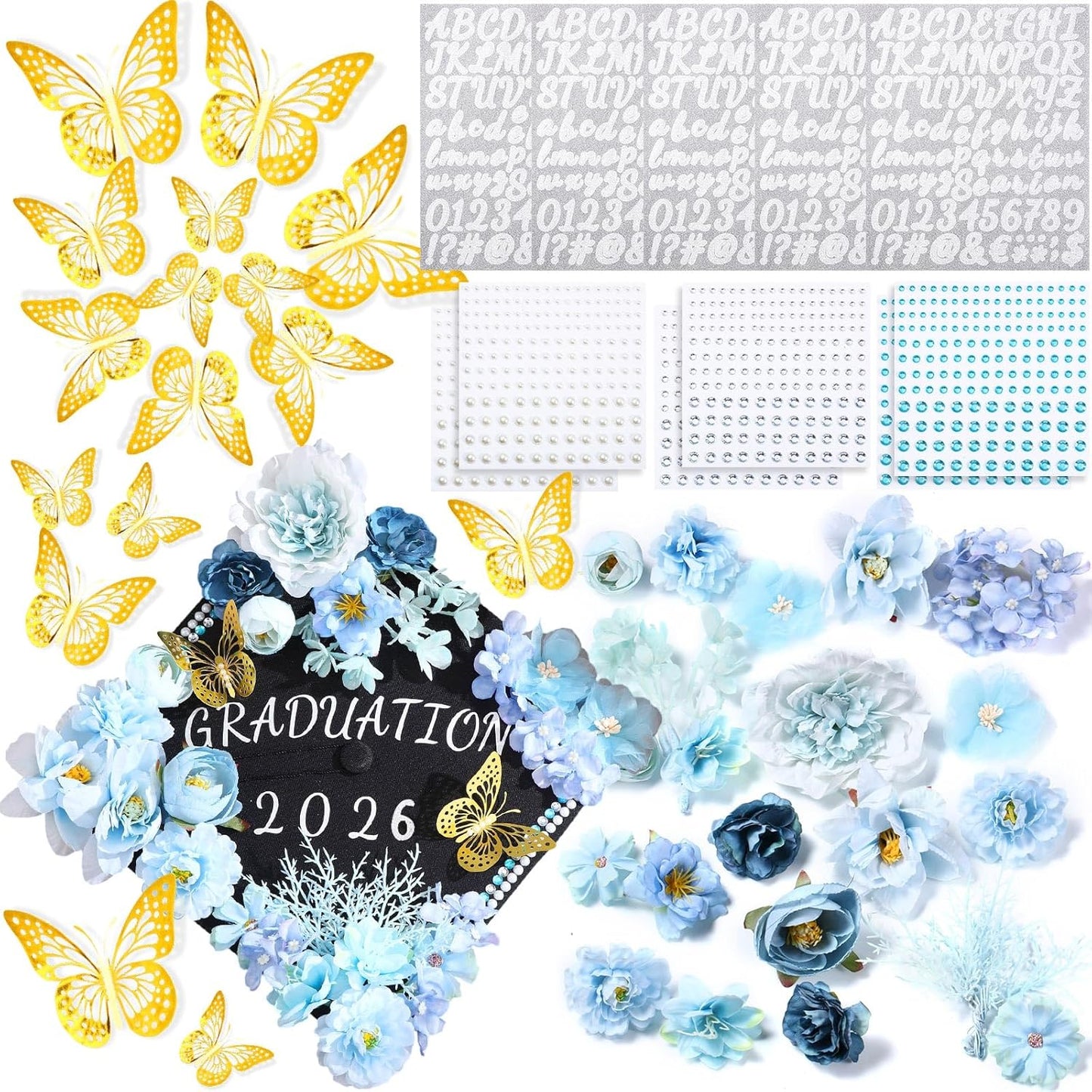 DIY Graduation Cap Decorations Kit - Faux Flowers, 3D Butterflies & Rhinestones | Pink Grad Cap Topper for 2026