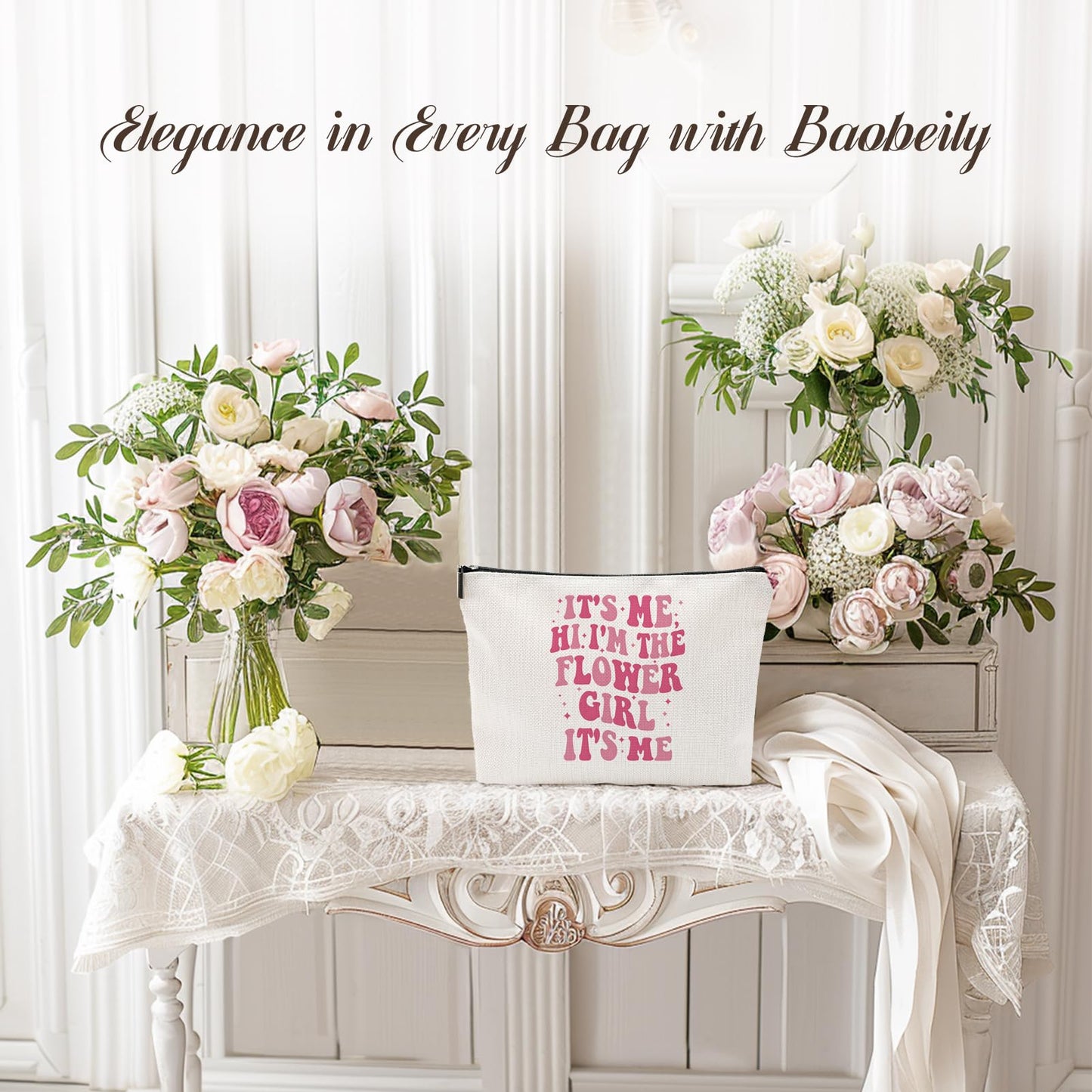 Baobeily It's Me Hi I'm the Flower Girl It's Me, Bridesmaid Gifts for Women, Bachelorette Party Cosmetic Makeup Bag, Wedding Bridal Shower Gift, Essential Pouch for Flower Girl