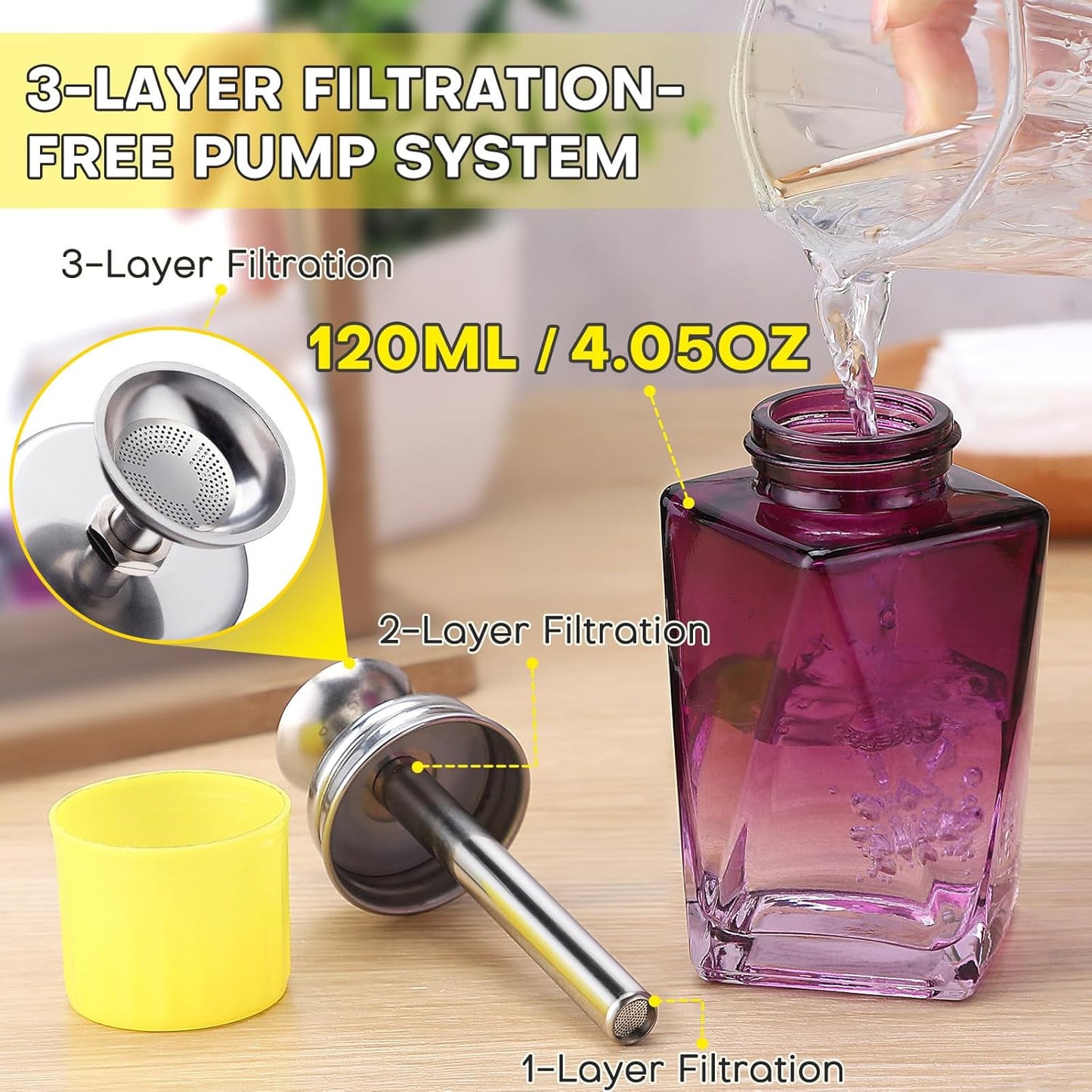 Noverlife Glass Acetone Pump Dispenser - 4Oz Refillable Nail Polish Remover Bottle | Clog-Free Pump, Triple-Filter Design