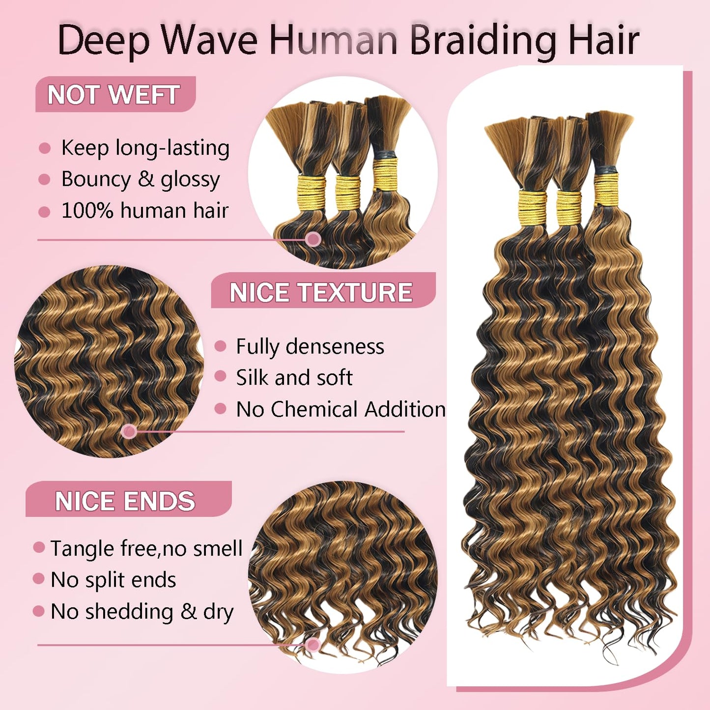 P4/27 Highlight BlondeHuman Braiding Hair for Boho Braids 150g 3 Bundles 32 32 32 Inch Brown Deep Wave Bulk Hair P4/27 Curly Human Hair Extensions for Braids Wet and Wavy Braid