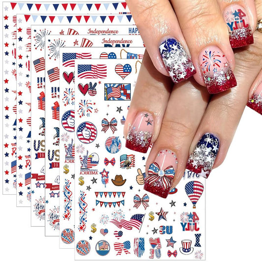 6pcs 4th of July Nail Stickers 3D Nail Decals Independence Day Nail Art Sticker for USA Flags Heart Star Stripe Letters Fireworks Nails Design Adhesive Sticker Patriotic Manicure Decorations for Women