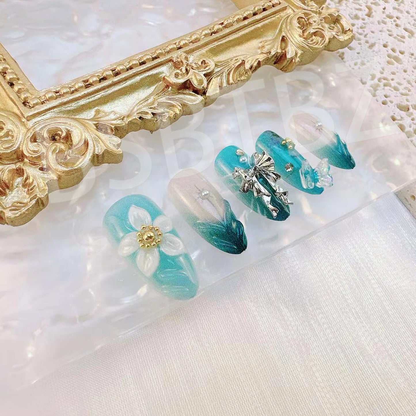 Handmade Blue Press-On Nails - 30Pcs Medium Almond Design with Gold Beads & Rhinestones | Full Cover 3D Butterfly & Flower Patterns