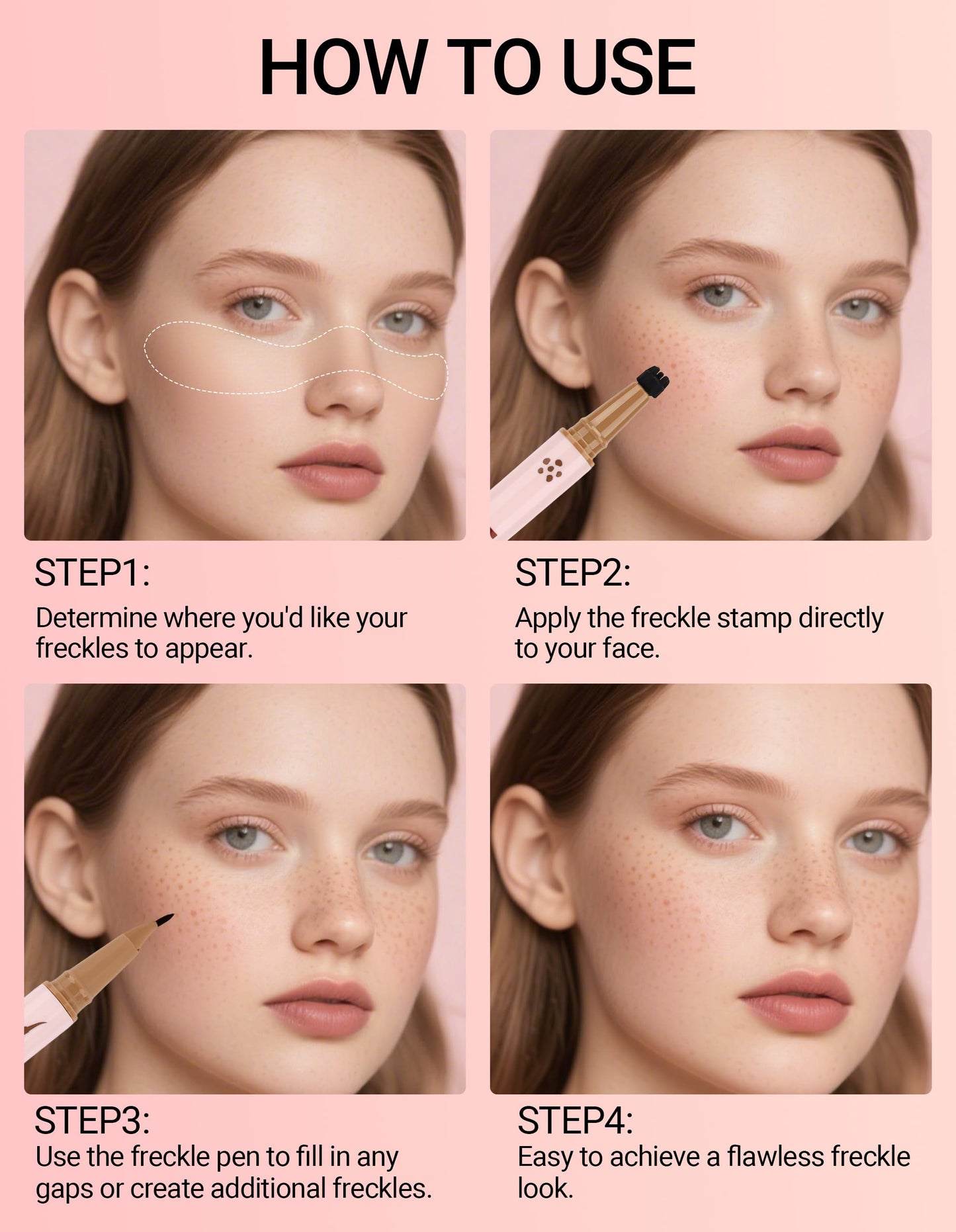Erinde 2-In-1 Dual-Ended Freckle Pen & Freckle Stamp, 2PCS Waterproof Freckles Makeup with Precise Curved Tip for Natural Lifelike Faux Freckles, Long-Lasting Smudge-Proof Fake Freck Pen, 02&03