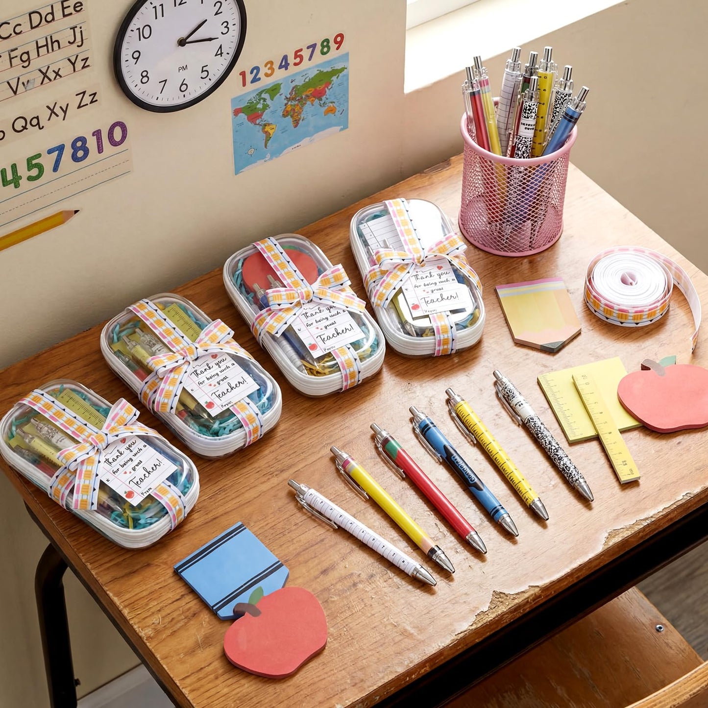 Landhoow 6 Sets/75 Pcs Back to School Teacher Gifts Bulk Set Clear Hard Case Zipper Pouch Pastel Ballpoint Pen & Sticky Notes Blue and Yellow Raffia Adorable Printed Pencil Ribbons with Thank You Card