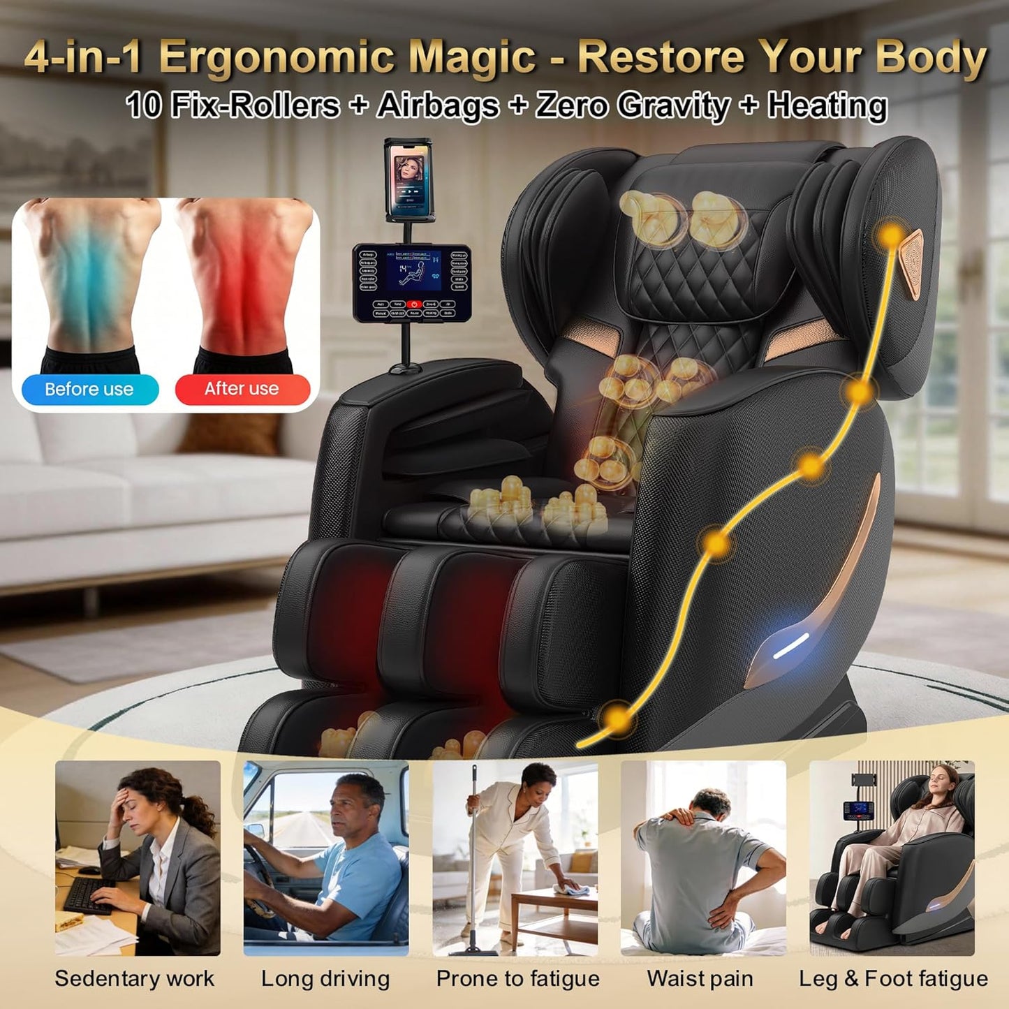Full Body Massage Chair - Zero Gravity Recliner with 10-Point Roller, Heating & Airbags | Shiatsu Foot Roller for Ultimate Relaxation