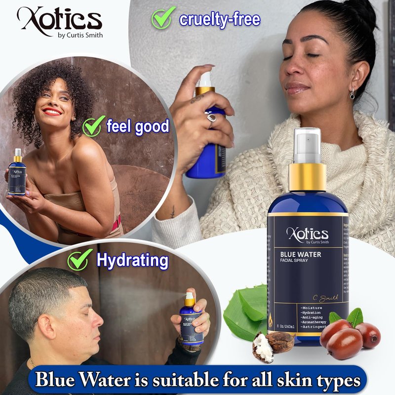 Xotics Blue Water Facial Spray - 8oz - Hydrating Face Mist With Aloe Vera - Refreshing Toner for Men & Women, Aftershave, Daily Moisturizing Splash for All Skin Types