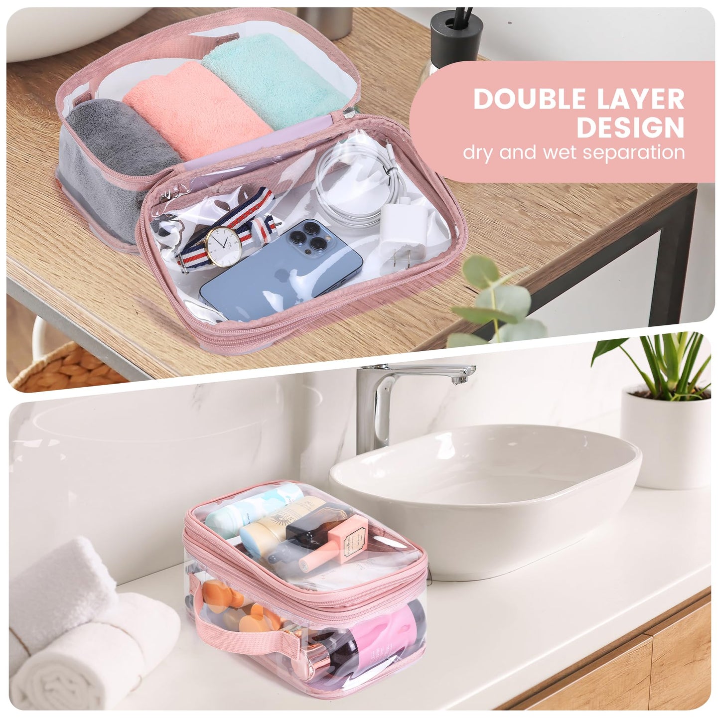 BORMELUN Large clear travel pouch,TSA approved toiletry reusable organizer with zipper proof purse makeup case carry On (Pink)