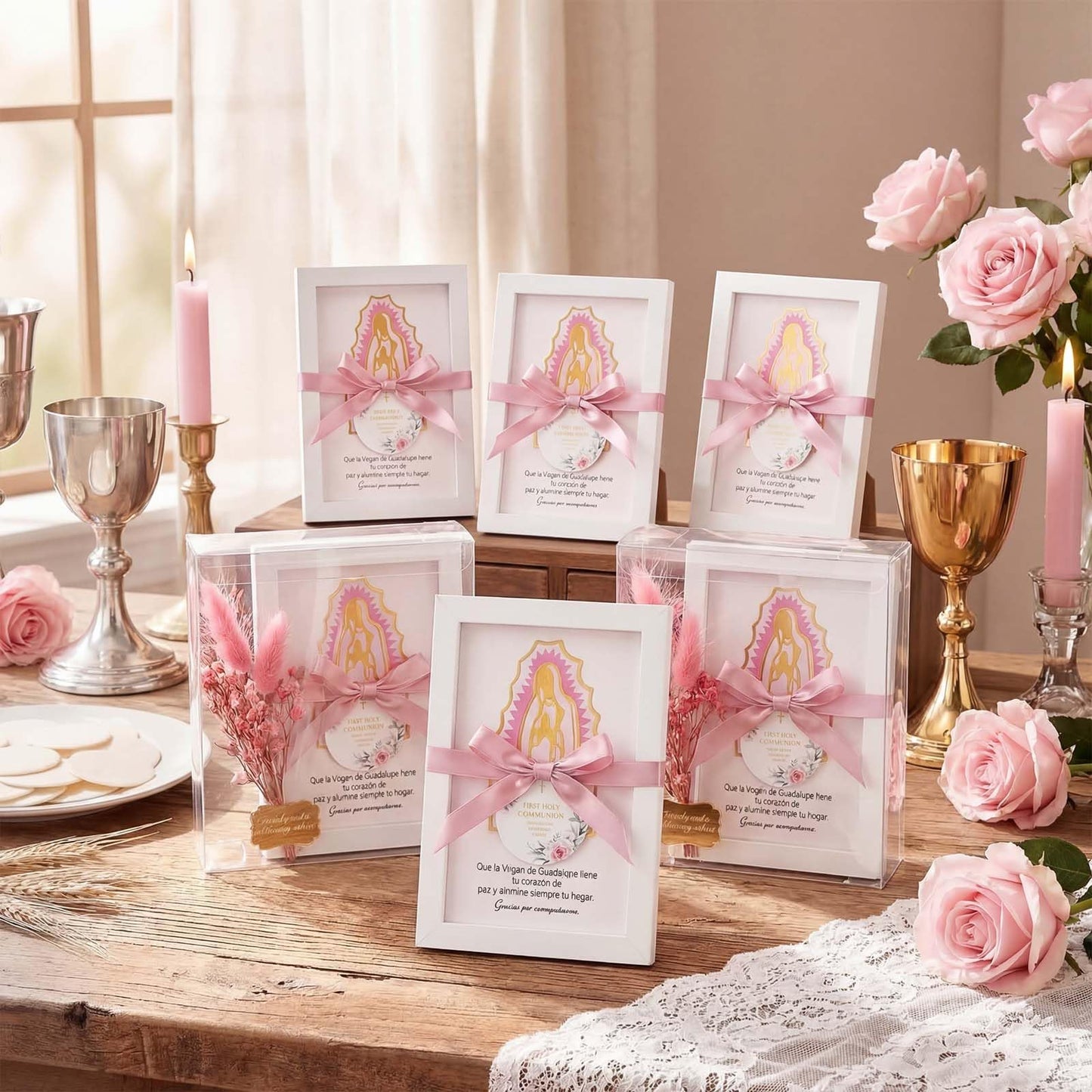12 Pcs Baptism Favors Our Lady of Guadalupe Frame, Girls First Communion Gifts Recuerdos De Bautizo Photo Frame Pink Bautizo Centerpieces, Catholic Religious Keepsake Niña Primera Comunion Souvenirs
