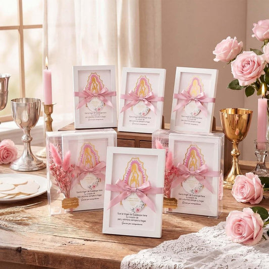 12 Pcs Baptism Favors Our Lady of Guadalupe Frame, Girls First Communion Gifts Recuerdos De Bautizo Photo Frame Pink Bautizo Centerpieces, Catholic Religious Keepsake Niña Primera Comunion Souvenirs