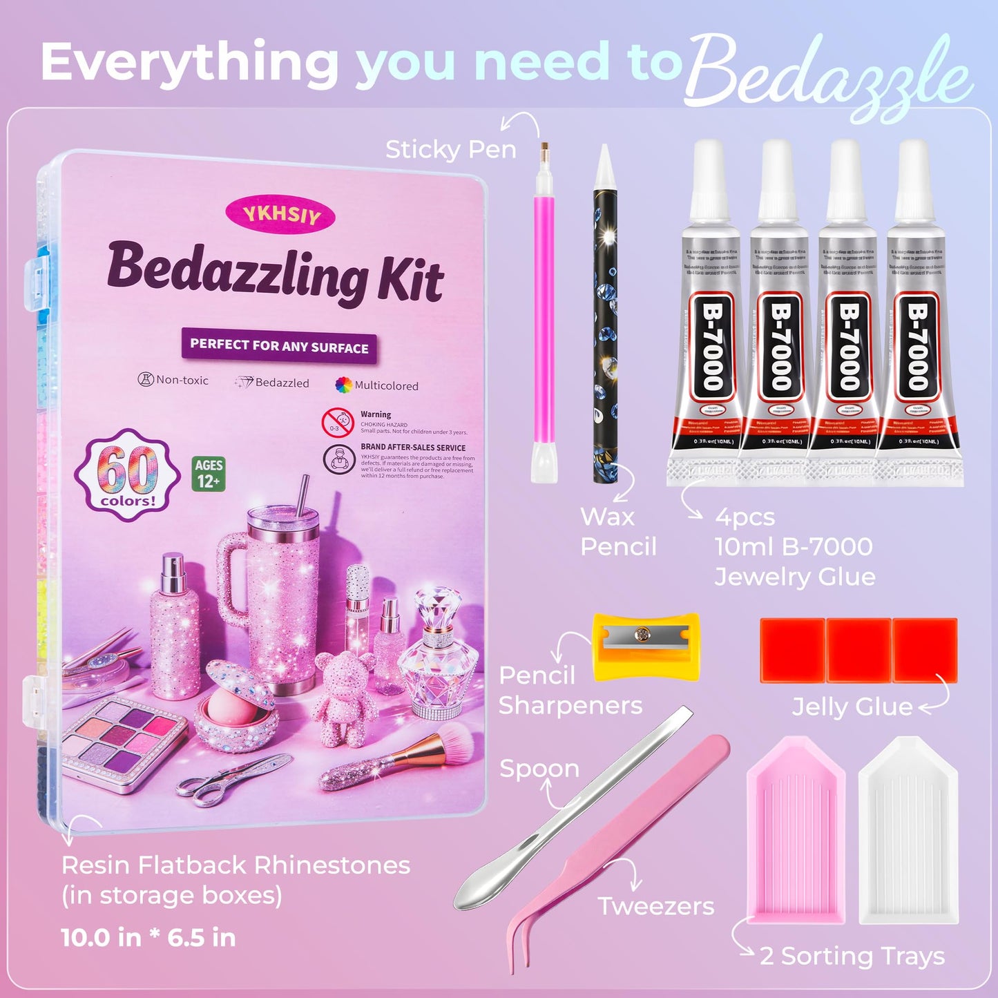 Bedazzling Kit 48000Pcs 60 Colors Resin Jelly Rhinestones, Multicolor 3mm Flatback Gems for Diamond Art, Bedazzler Kit with 4Pcs 10ml B7000 Jewelry Glue & Tools for DIY Nail Art Crafting Book Makeup
