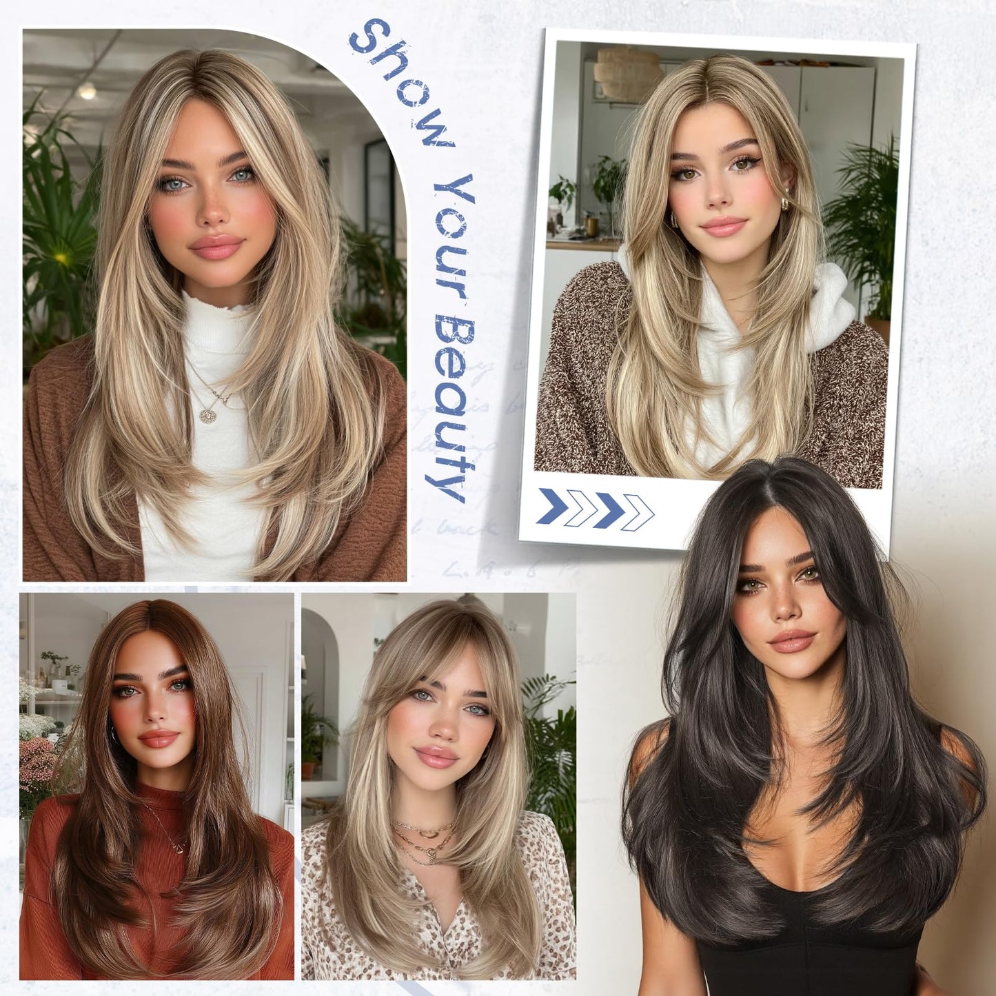 Haloo Brown Blonde Wig with Curtain Bangs - Lace Front Hairline Middle Part Long Layered Natural Looking Straight Synthetic Hair Wigs for Women Daily Party, 24 Inch Brown Mixed Blonde
