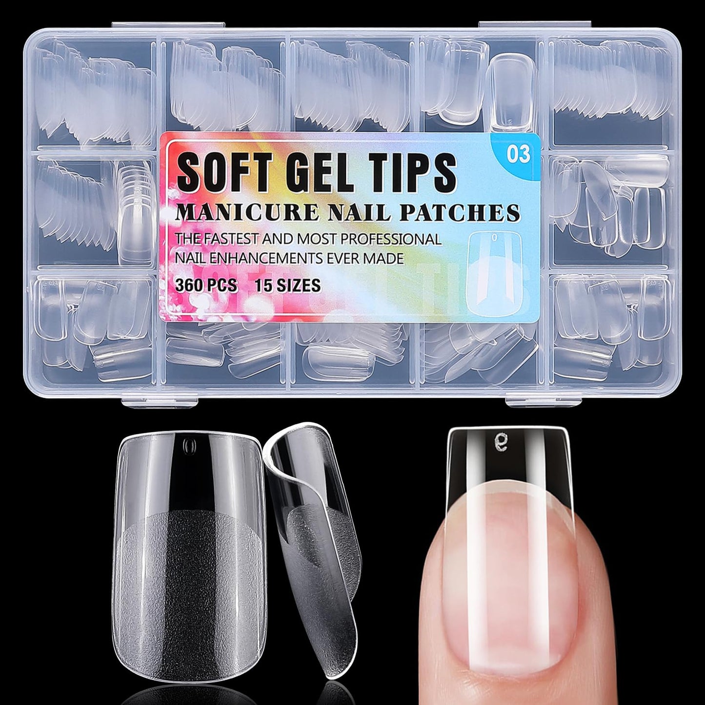 360pc Short Square Nail Tips, Soft Gel Nail Tip Square Fake Nails Artificial Fingernail, 15 Sizes Full Cover Clear Press on Nail Short Acrylic Nails Tips for Gel Nail Extension, Press Nails Making