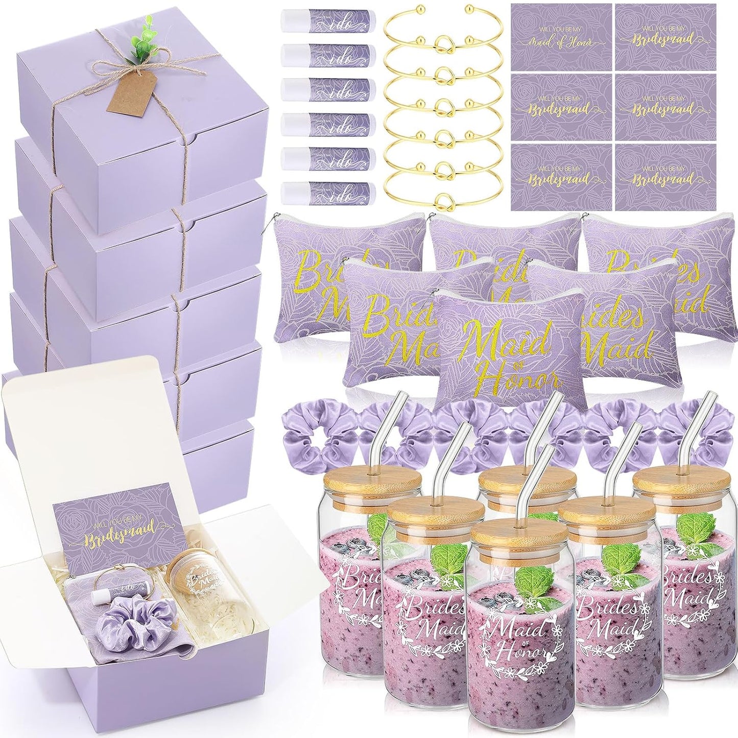 Bridesmaid Proposal Gifts - 54 Pcs Set with Makeup Bag, Glass Cup & Bracelet | Green & White