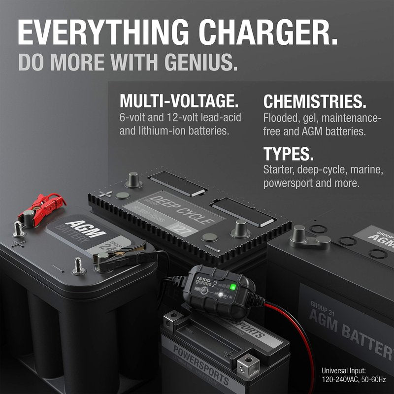 NOCO GENIUS2: 2A 6V/12V Smart Battery Charger – Automatic Maintainer, Trickle Charger & Desulfator with Overcharge Protection & Temperature Compensation – for Lead-Acid & Lithium Batteries