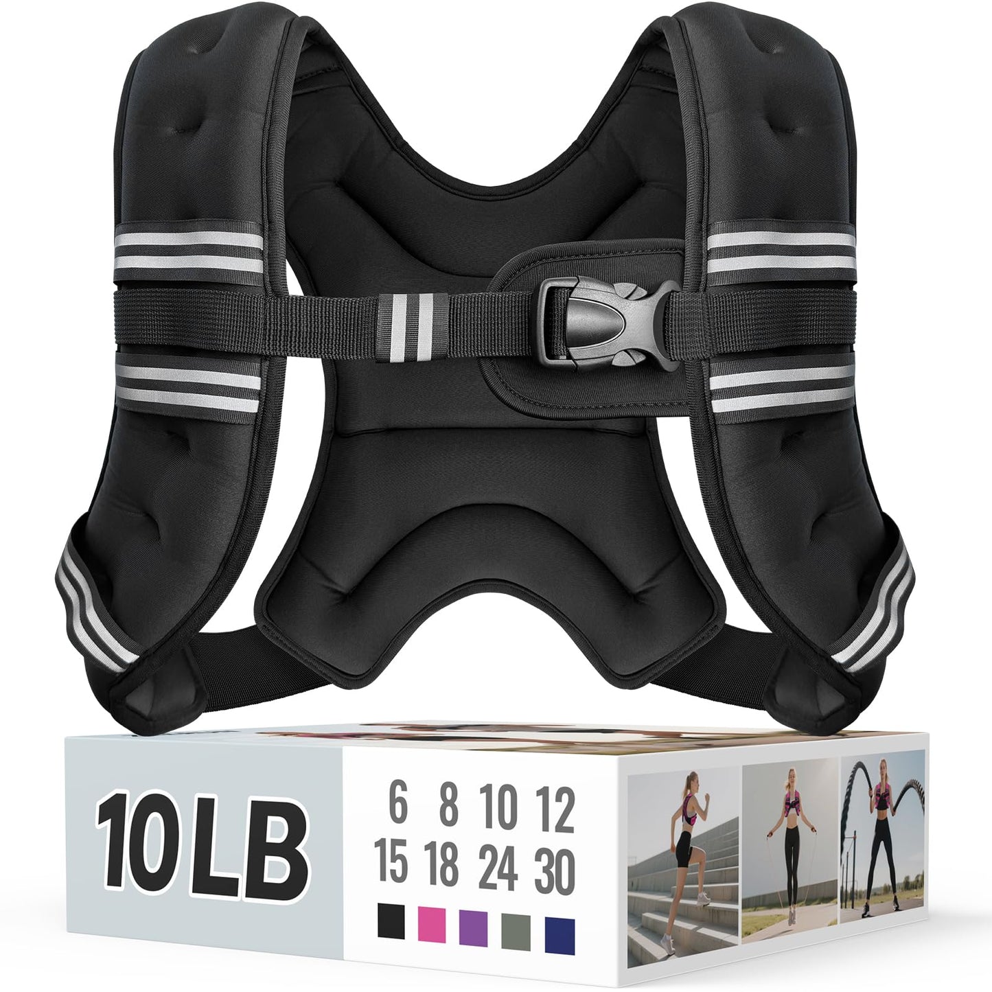 Zeerun Weighted Vest, 6lb/8lb/10lb/12lb/15lb/18lb/20lb/24lb/30lb for Men Women, Reflective Stripe Adjustable Buckle, Comfortable Durable Rucking Vest for Walking Running Strength Training, 10LBS-Black