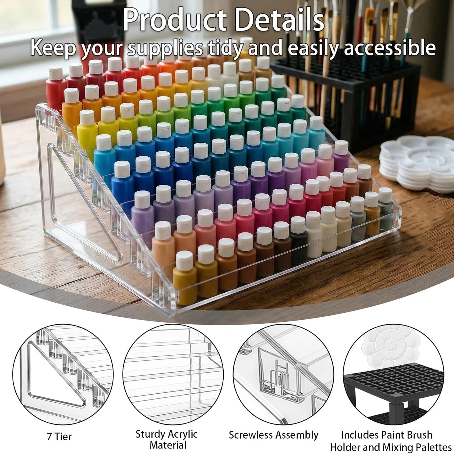 Clear Paint Organizer Set - 3 Pcs Acrylic Craft Storage Rack with Mixing Palettes & Brush Holder | 7 Layers for Oil & Model Paints