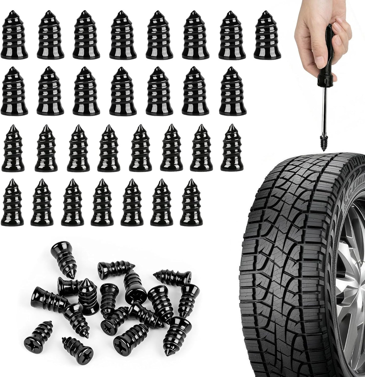 Tire Plug Repair Kit - 60 Pcs Professional Grade Screw Type with Screwdriver | Ideal for Cars, Trucks, Motorcycles & Bicycles