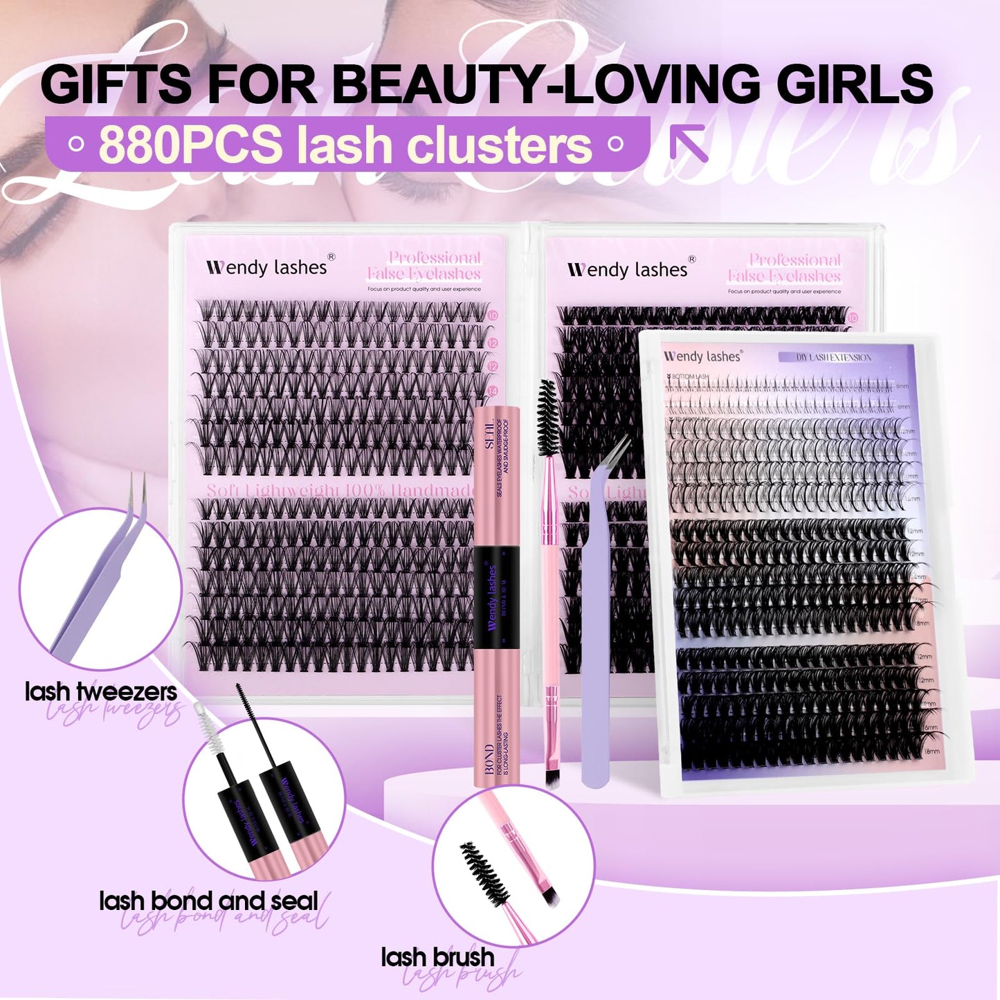 Wendy Lash Clusters Kit With Bottom Lashes 30D+40D+40D+50D+60D+80D 880-Pcs Fluffy Eyelash Clusters D Curl Lashes Extension Soft Eyelash Extension Kit Wispy Natural DIY at Home