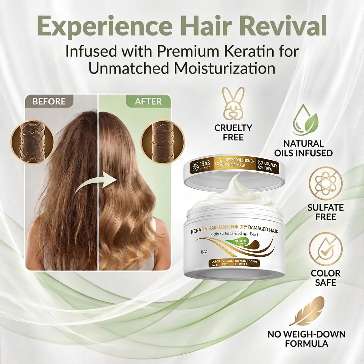 Keratin Hair Mask - Deep Conditioner for Dry & Damaged Hair with Biotin, Collagen & Castor Oil | 8.5 Fl Oz
