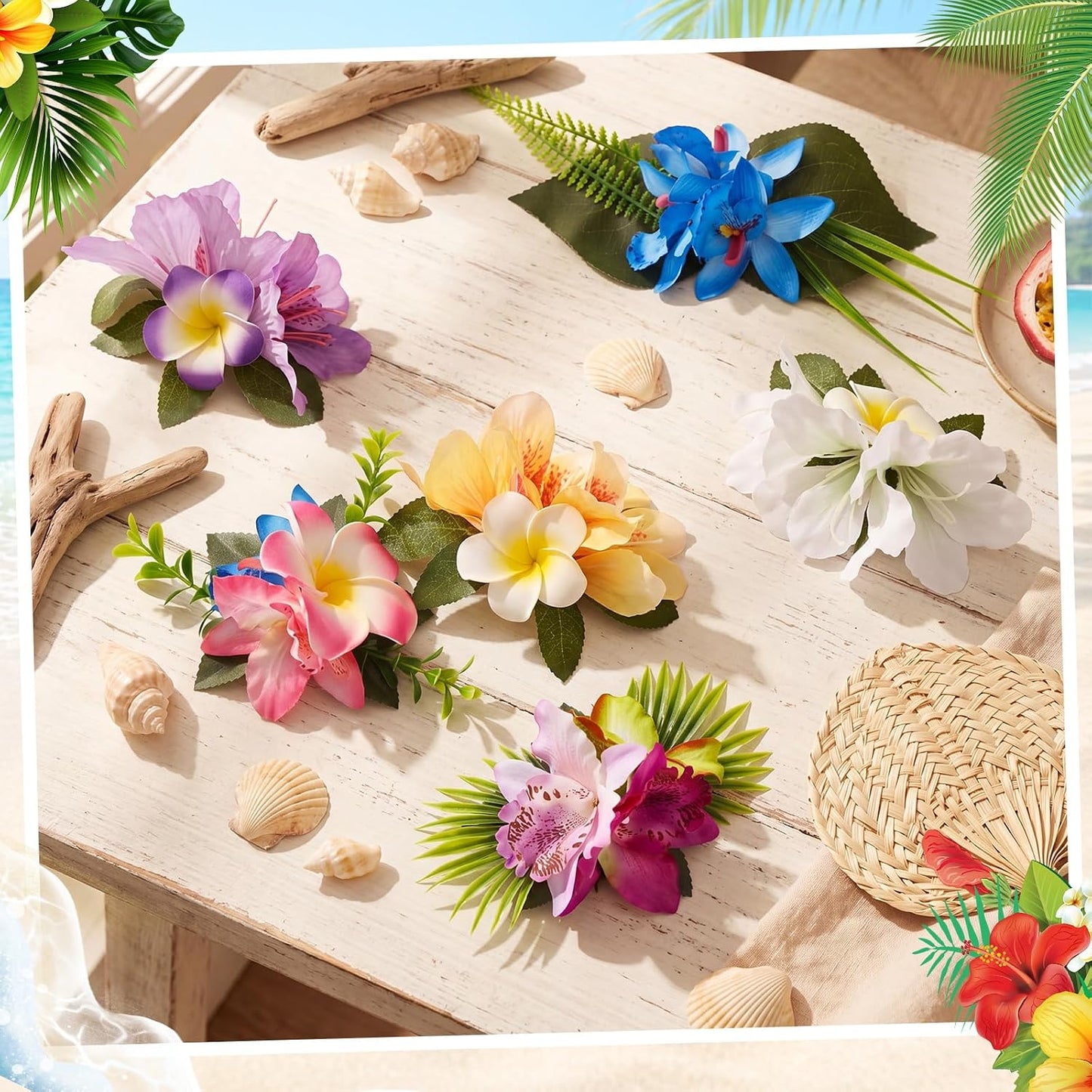 Hawaiian Flower Hair Clips - 6 Pcs Tropical Floral Accessories for Summer Beach Weddings | Large Plumeria & Orchid Design