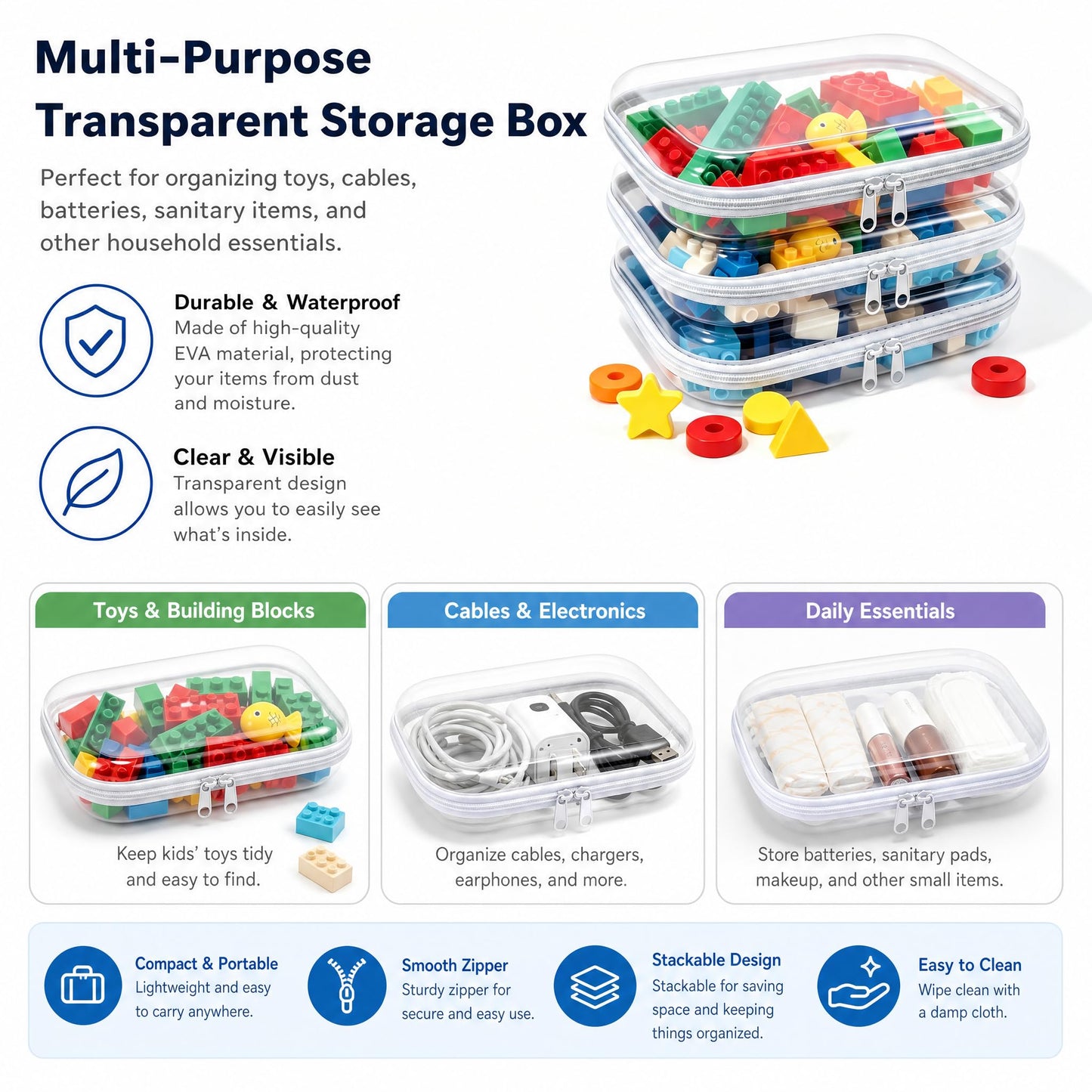 SXS LACONIC Clear Hard Plastic Zipper Case,Transparent Double Zippers Hard Pouch with 3pcs,Portable Travel Organizer Bin for Toy Storage