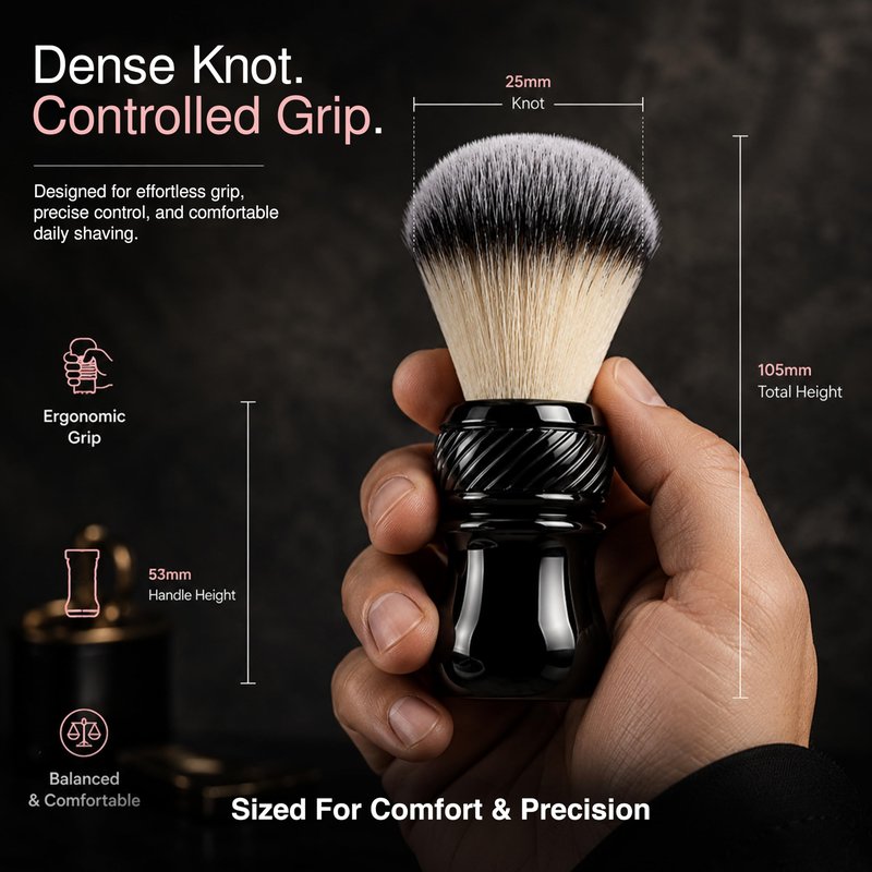 Pink Woolf Synthetic Shaving Brush for Men – 24mm Tuxedo Knot, Quick-Dry Soft Bristles, Compact Travel Shave Brush for Rich Lather with Soap or Cream – Black Handle