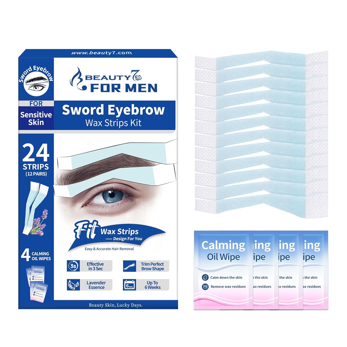 Men's Sword Eyebrow Wax Strips - Hair Removal Waxing Strips for Sensitive Skin | 24 Strips + 4 Calming Oil Wipes