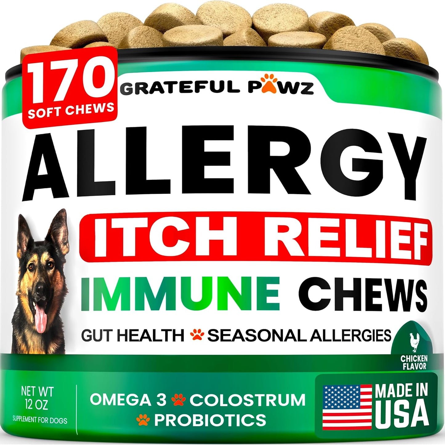 Dog Allergy Chews - Natural Allergy Relief Treats with Probiotics & Colostrum | 170 Count for Itchy Skin & Immune Support
