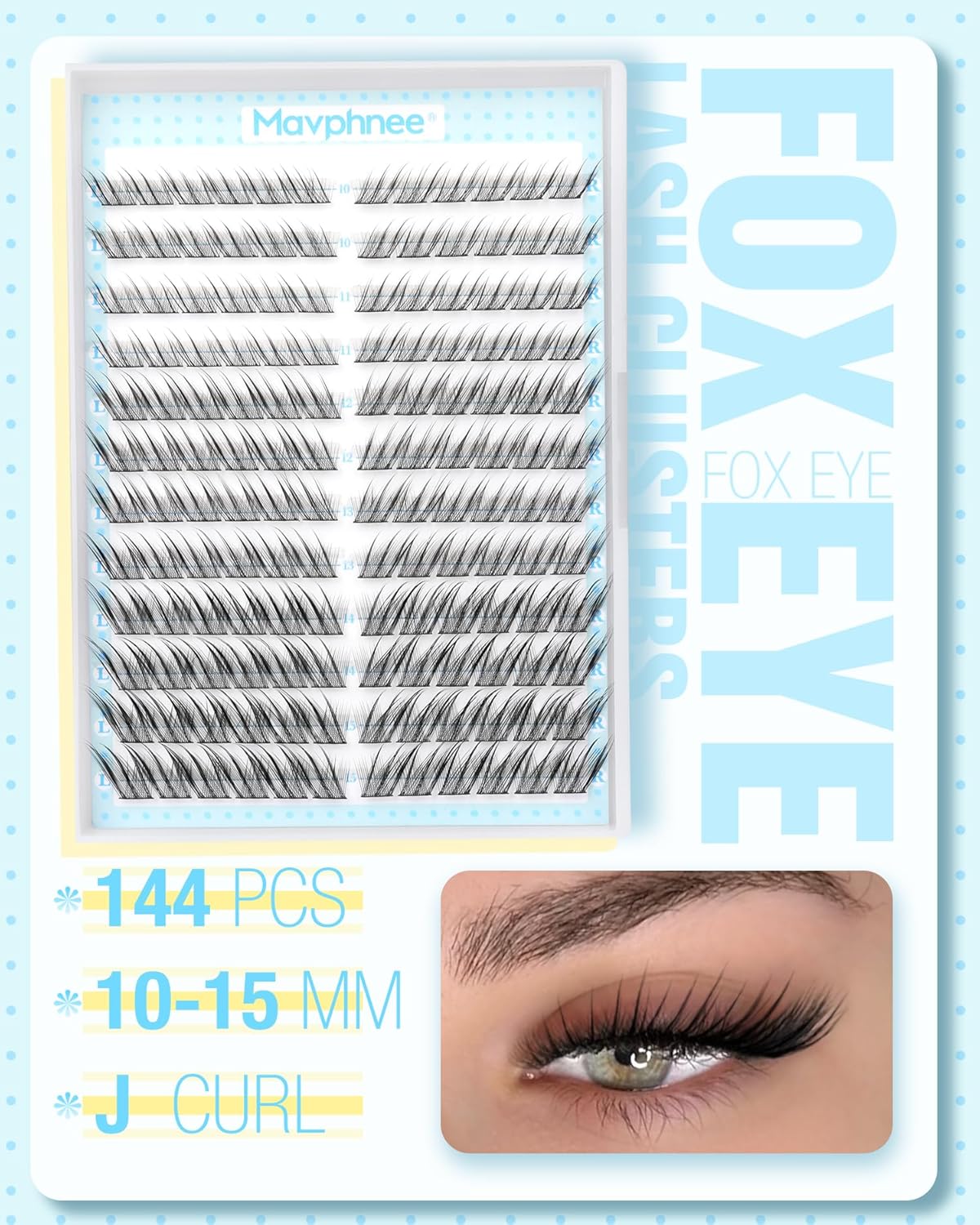 Fox Eye Lash Clusters - J-Curly Individual Eyelash Extensions | 144 Pcs, 10-15MM Wispy Cat Eye Design