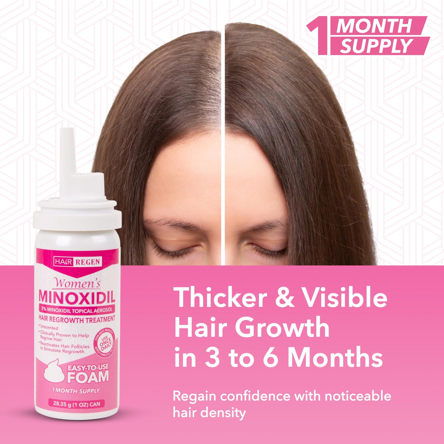 Hair Regen Minoxidil Foam for Women 5% Percent - Women's Hair Growth Treatment for Her - Topical Foaming Minoxidil for Women - Great for Hair Regrowth and Reduce Hair Loss - 1 Pack as 1 Month Supply