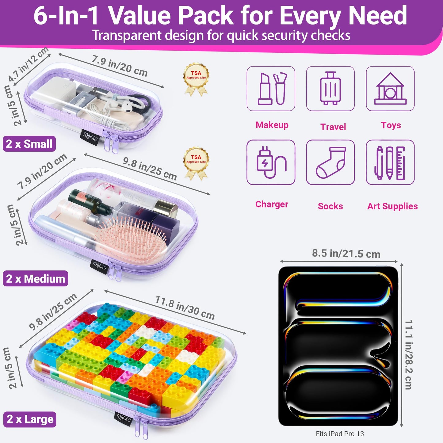 YQBRAO 6 Pack Royal Purple Clear Hard Shell Zipper Case, 1.2mm Heavy Duty Art Supply & Cosmetic Bags, Crush-Proof Storage Pouches for Hobbies, Tech & Makeup (2L, 2M, 2S)
