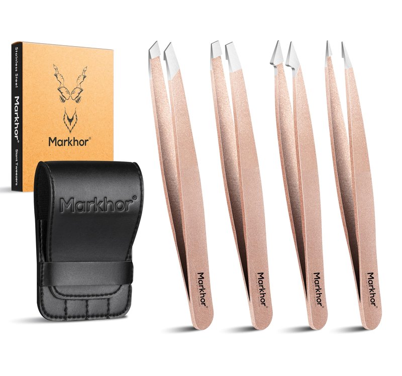 MARKHOR® Luxe Rose Gold Eyebrow Tweezers for Women Facial Hair, Splinter and Ingrown Hair Removal Tweezers Set, Professional Pointed and Slant Tweezers for Eyebrows, Precision Tweezers for Eyebrows
