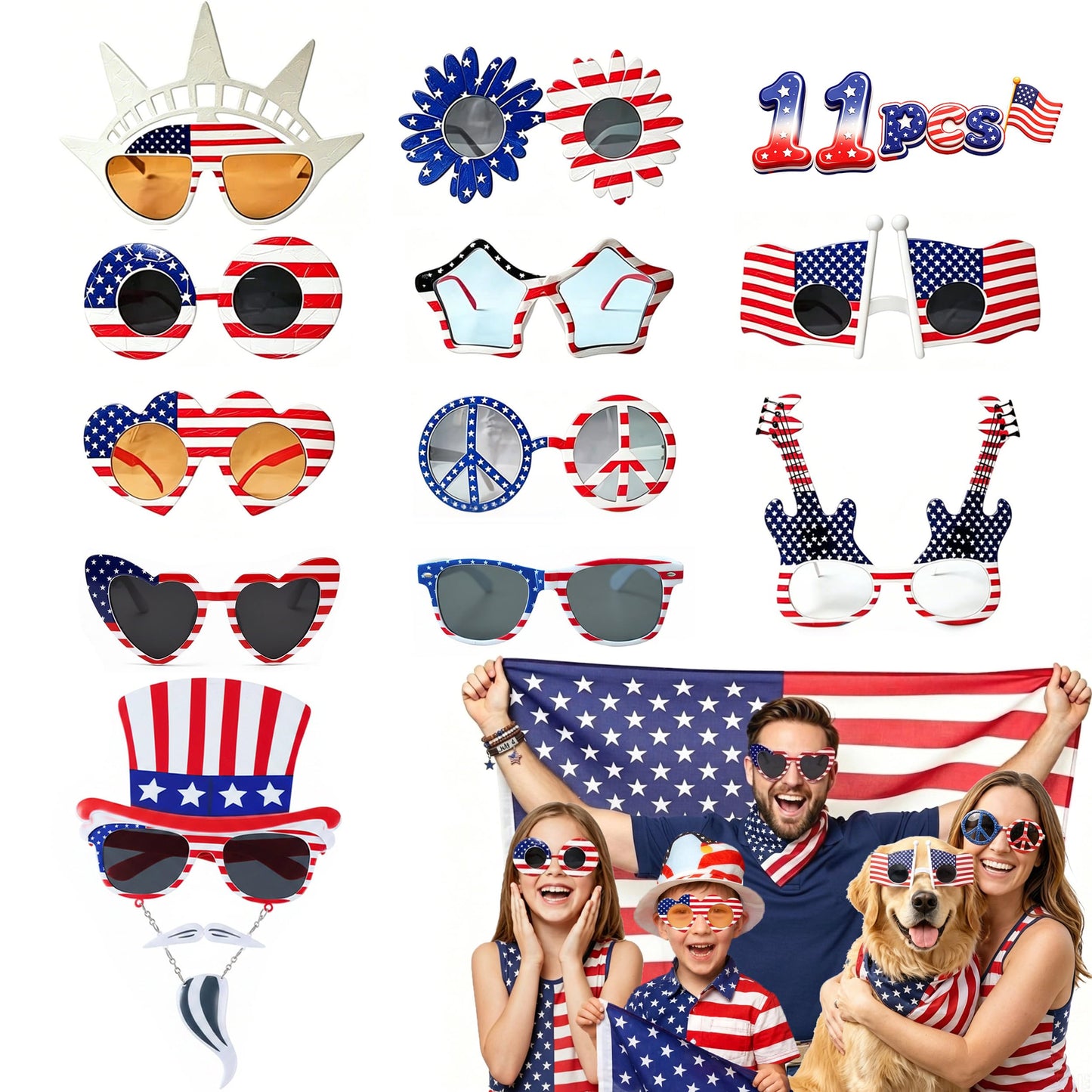 LIONO 11 Pack 4th of July Sunglasses, 250th Anniversary Patriotic USA Glasses, American Flag Sunglasses Red White Blue, Independence Day Memorial Day Party Favors for BBQ, Parade, Photo Booth Props