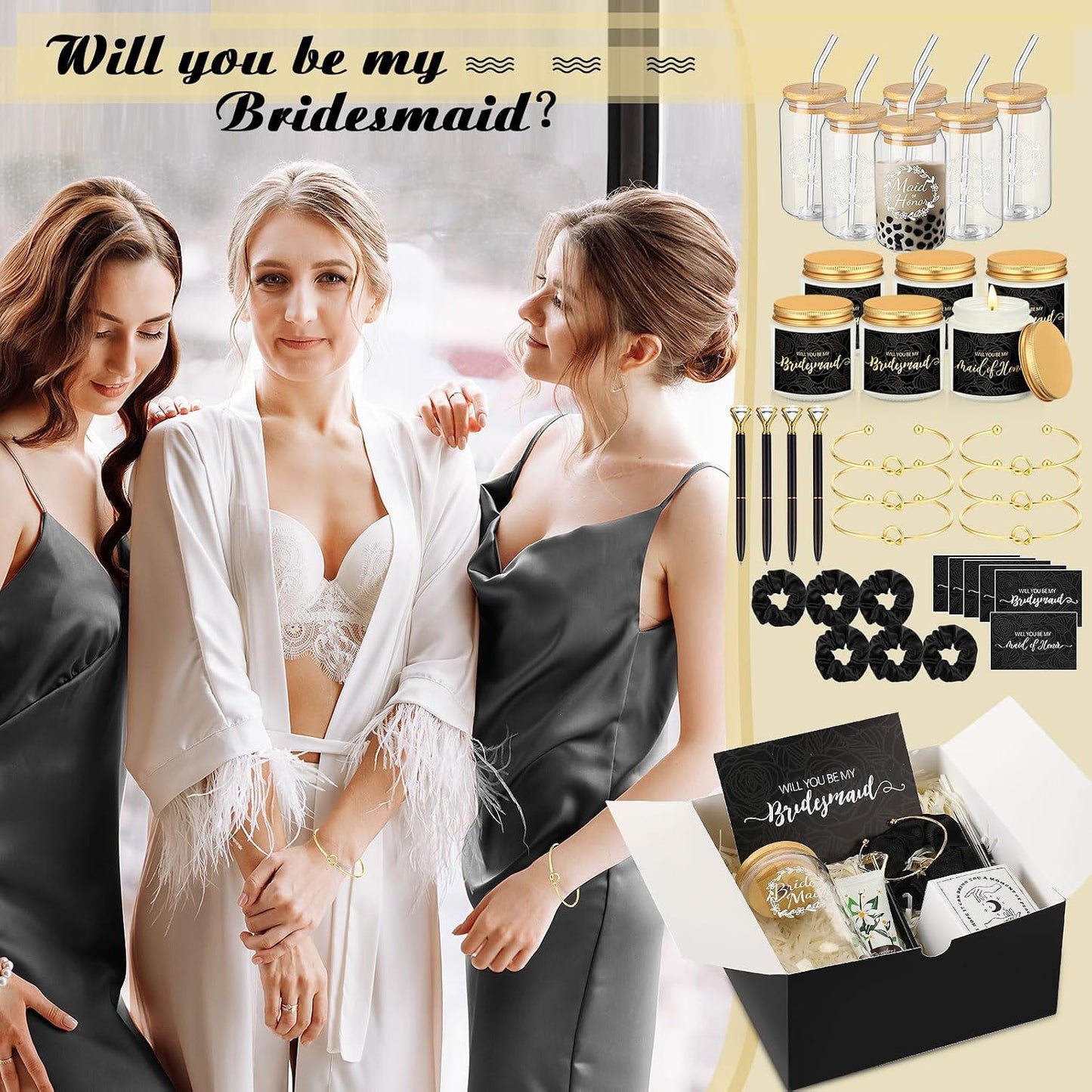 Bridesmaid Proposal Gifts Box Set - 60 Pcs Including Glass Cup, Candle, Cards & More | Black