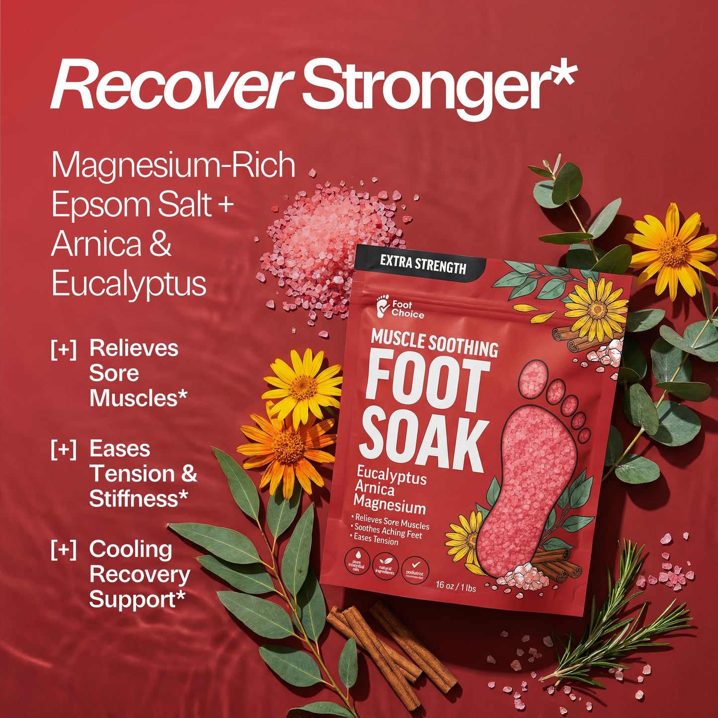 Foot Choice Muscle Soothing Foot Soak with Epsom Salt & Arnica - Relieves Soreness, Eases Tension & Recovery for Athletes - Eucalyptus & Peppermint - 1lb
