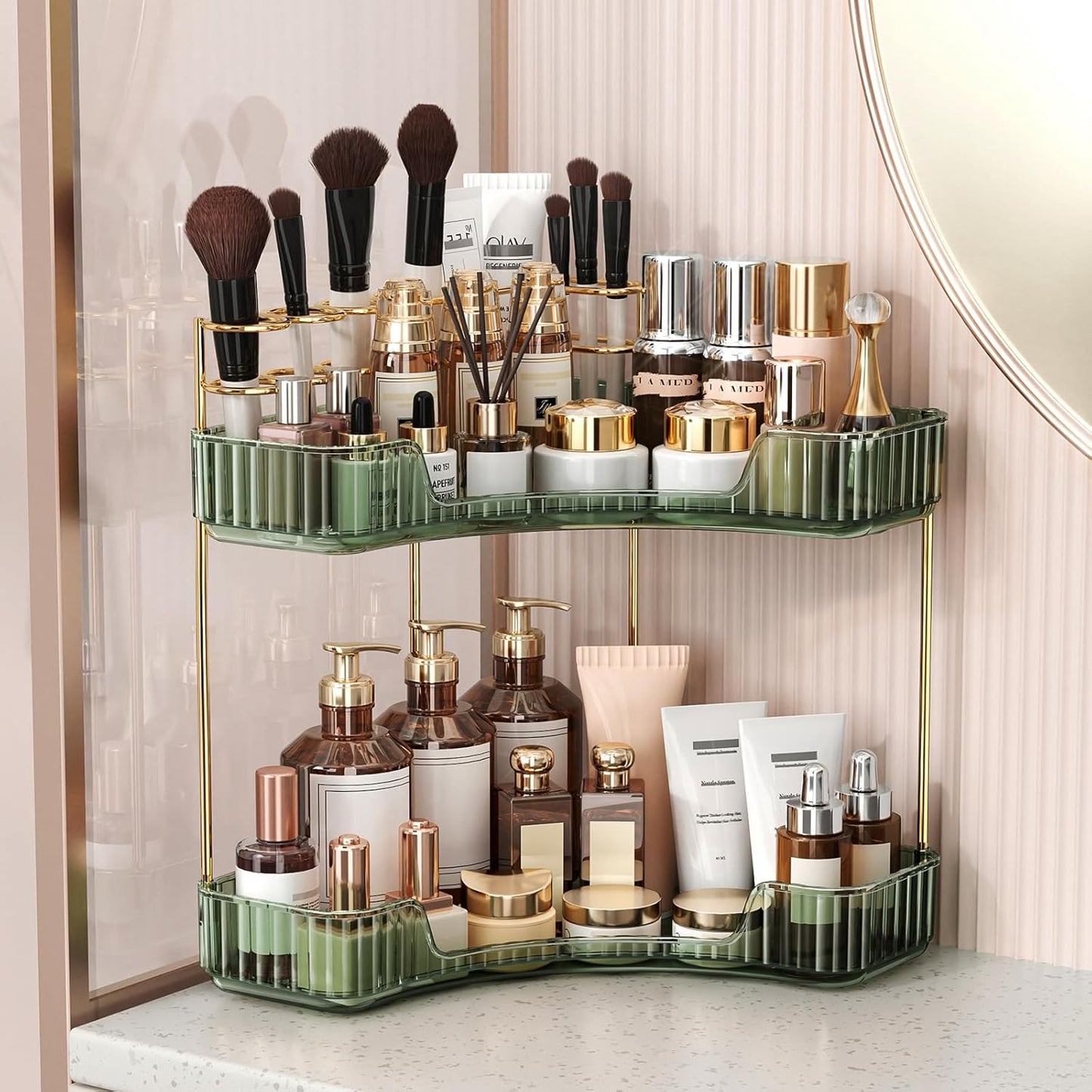 Corner Bathroom Counter Organizer - 3-Tier Makeup & Skincare Storage with Brush Holder | Elegant Gold Finish